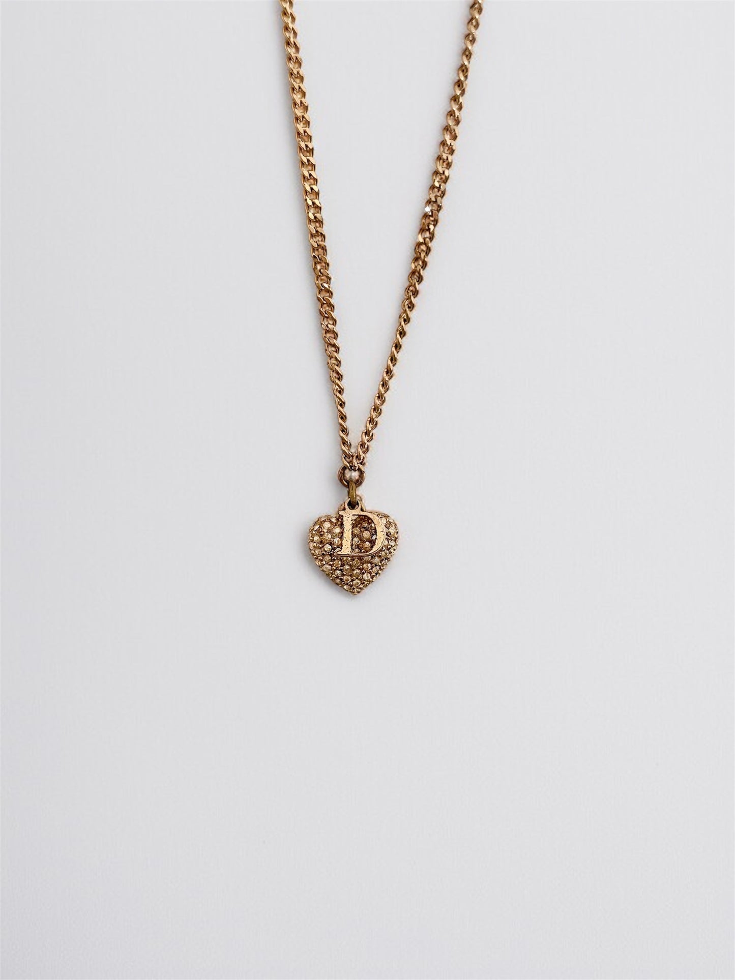 Vintage Dior Gold Necklace – D Initial Charm with Rhinestone Heart Pendant