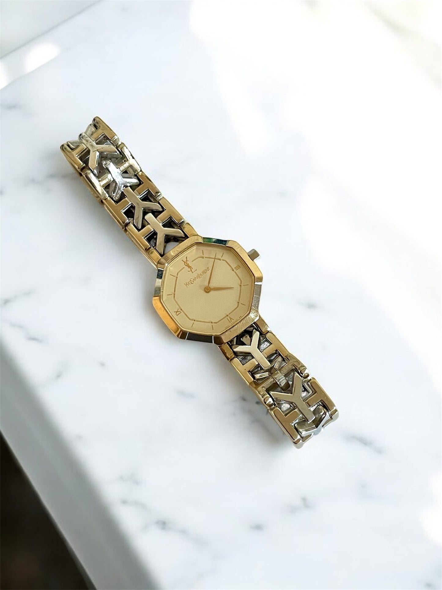 Vintage YSL Octagon Quartz Watch | Two-Tone Stainless Steel, Gold & Silver