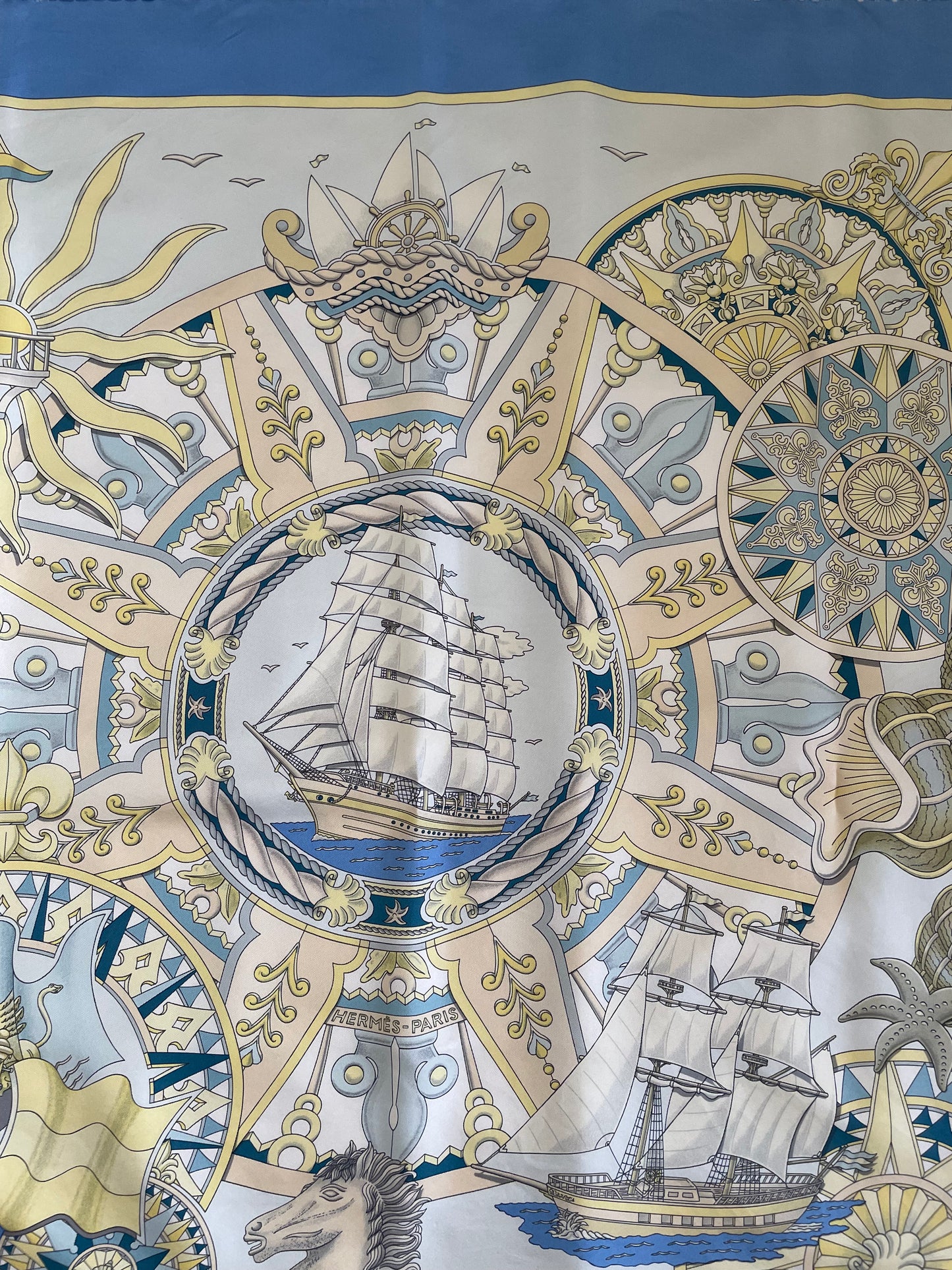 Hermès Carre 90 Silk Scarf – L’Air Marin by J. Metz, Blue Sea Shell Horse Ship Design