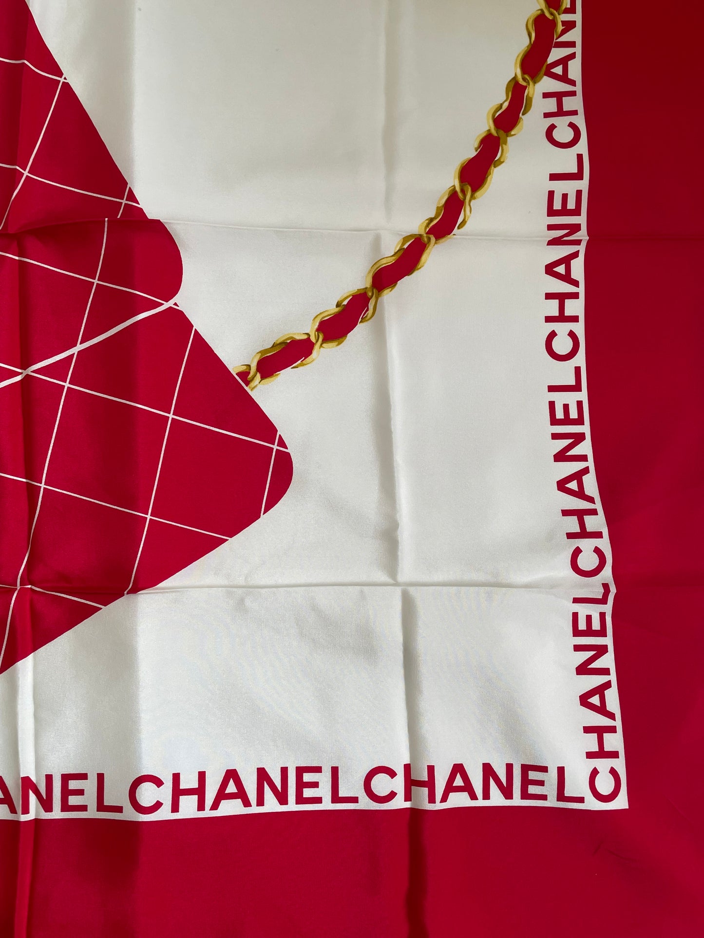 Chanel Vintage Silk Scarf – Red with Flap Bag Print & Matelasse Quilted Design