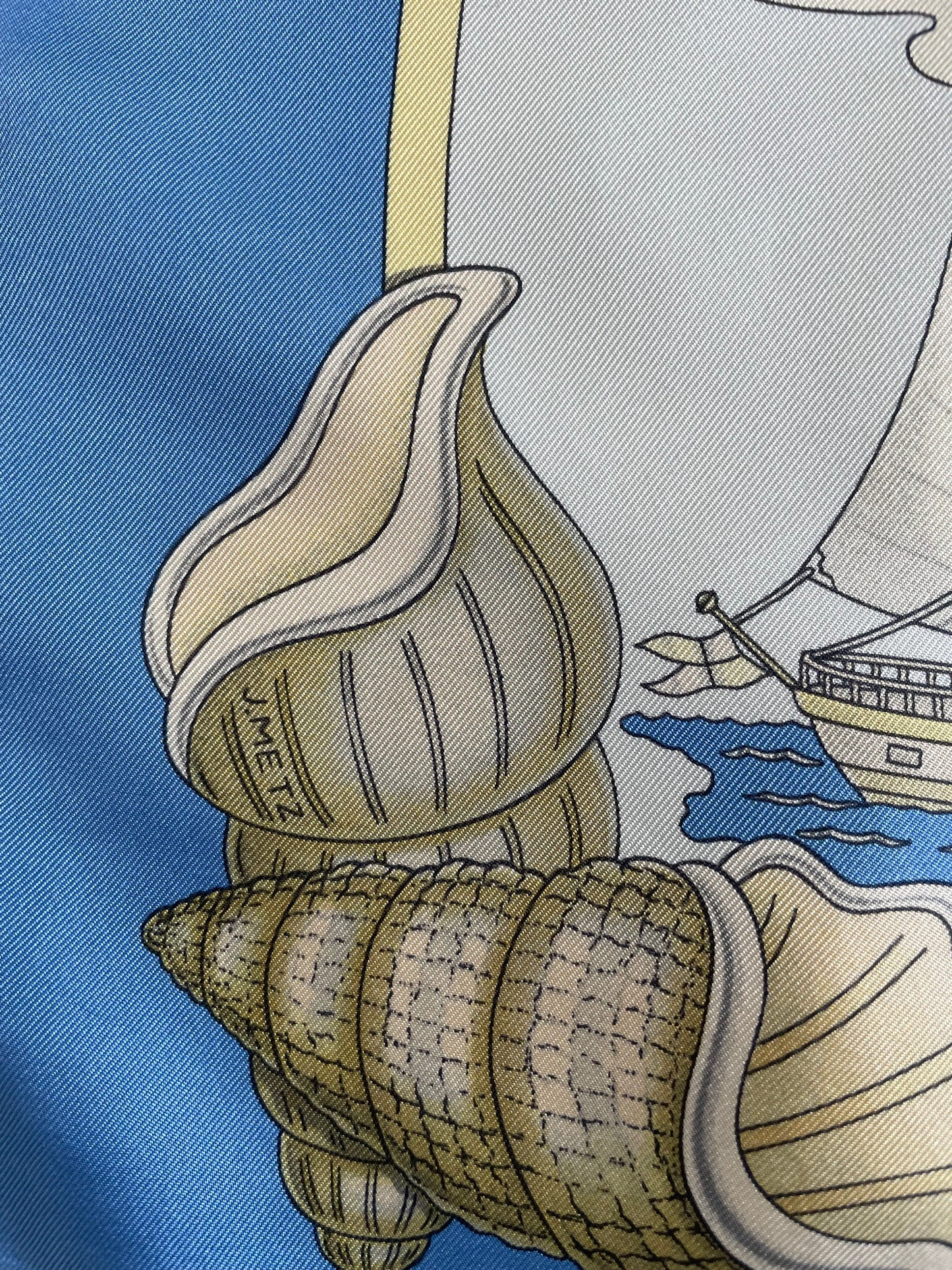 Hermès Carre 90 Silk Scarf – L’Air Marin by J. Metz, Blue Sea Shell Horse Ship Design