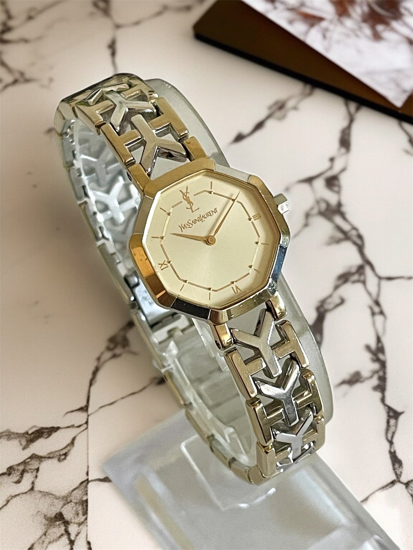 Vintage YSL Octagon Quartz Watch | Two-Tone Stainless Steel, Gold & Silver