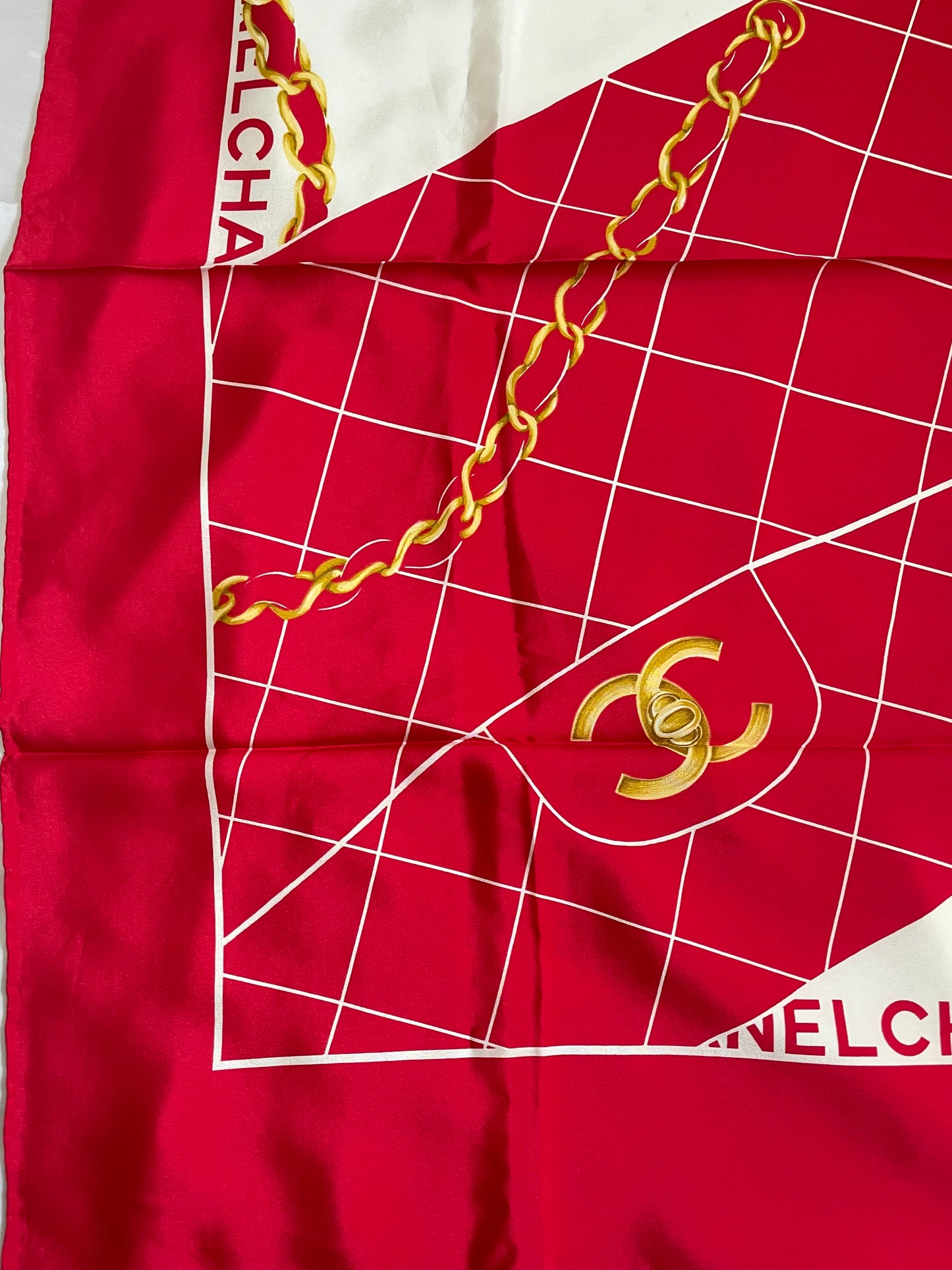 Chanel Vintage Silk Scarf – Red with Flap Bag Print & Matelasse Quilted Design