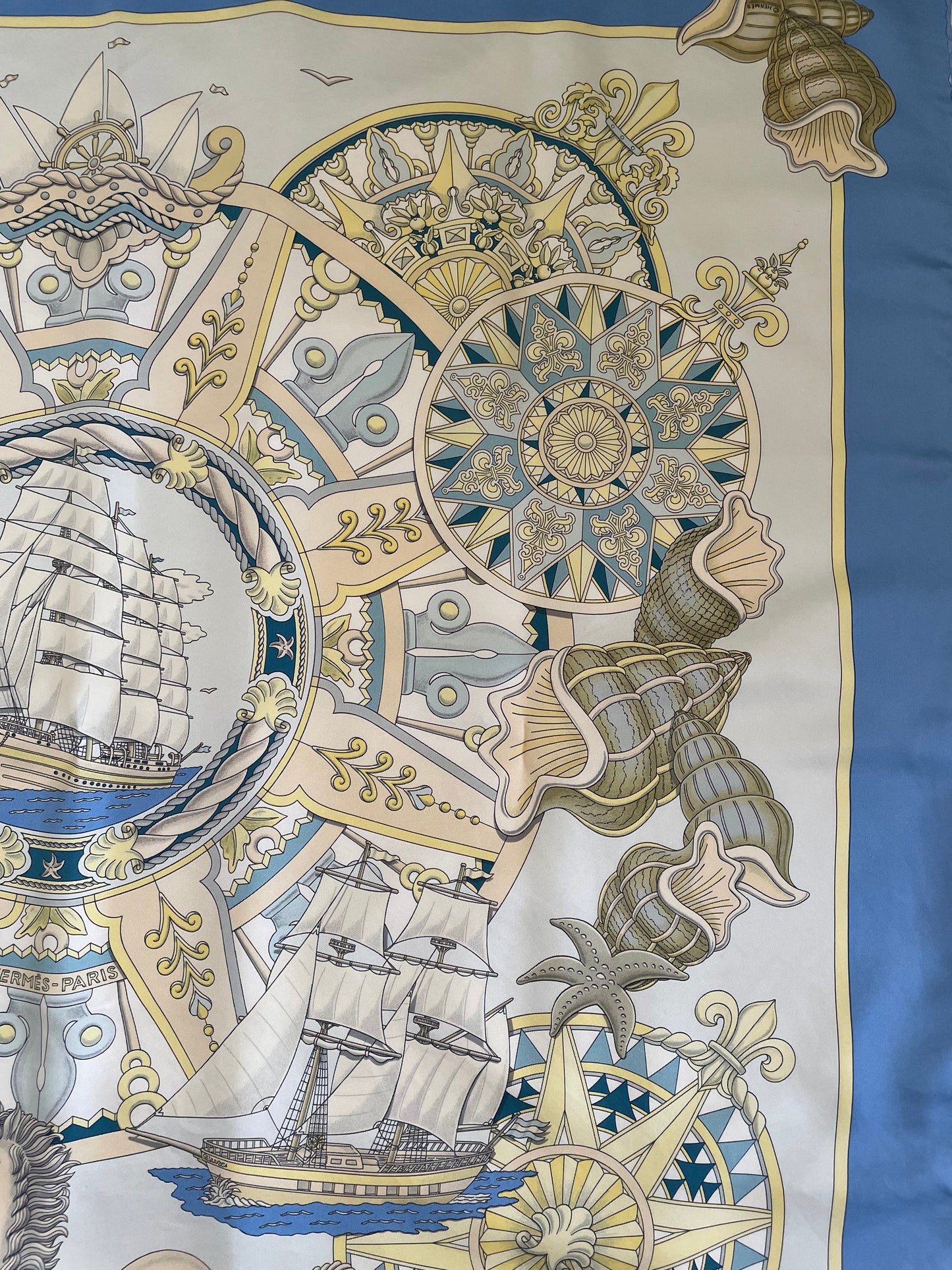 Hermès Carre 90 Silk Scarf – L’Air Marin by J. Metz, Blue Sea Shell Horse Ship Design