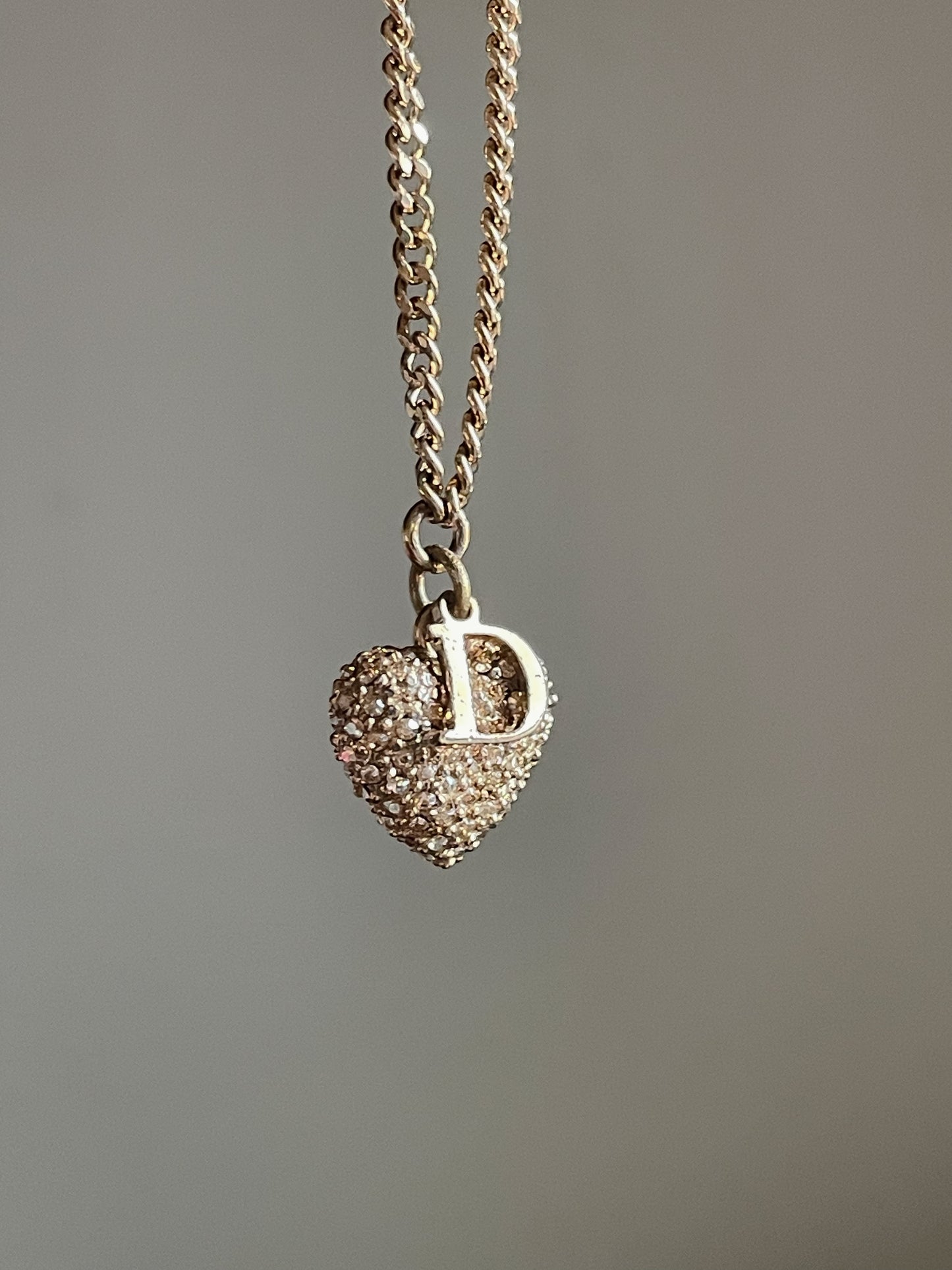 Vintage Dior Gold Necklace – D Initial Charm with Rhinestone Heart Pendant