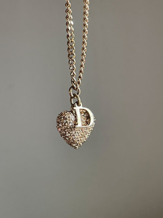Vintage Dior Gold Necklace – D Initial Charm with Rhinestone Heart Pendant