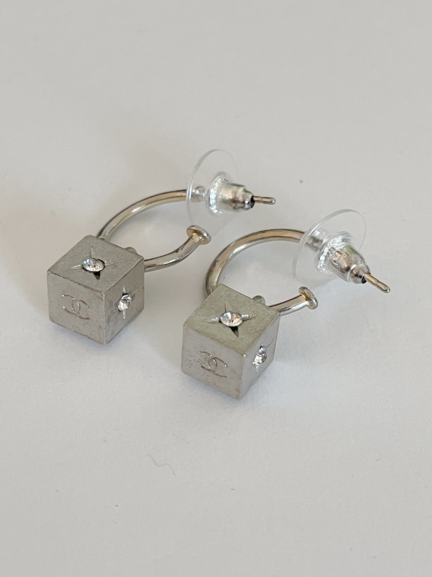 Vintage Chanel Silver Earrings – Cube Design with Rhinestone CC Logo