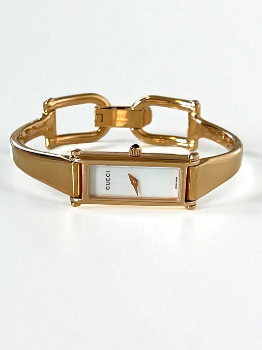 Vintage Gucci Watch – Pink Gold Bangle, Mother of Pearl Dial, Model 1500L