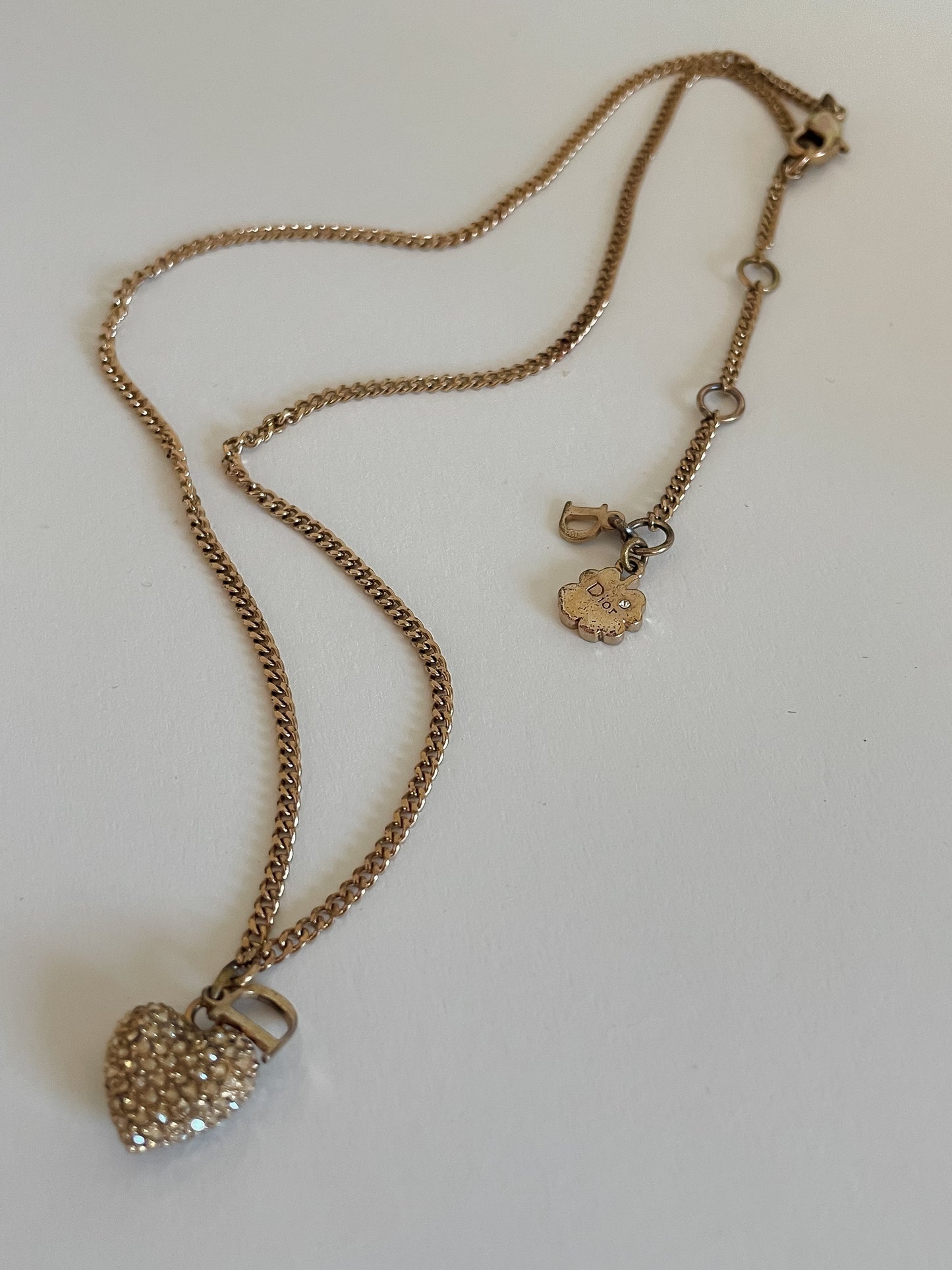 Vintage Dior Gold Necklace – D Initial Charm with Rhinestone Heart Pendant