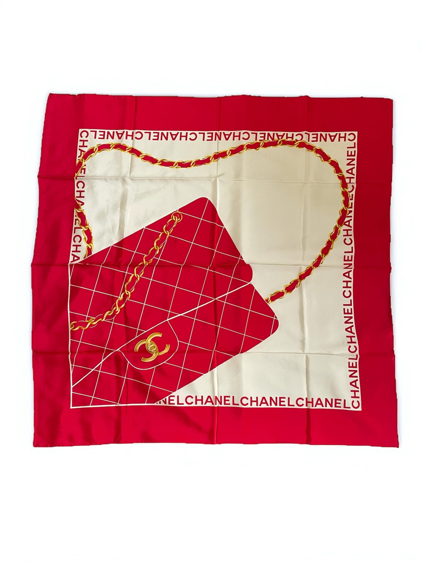 Chanel Vintage Silk Scarf – Red with Flap Bag Print & Matelasse Quilted Design
