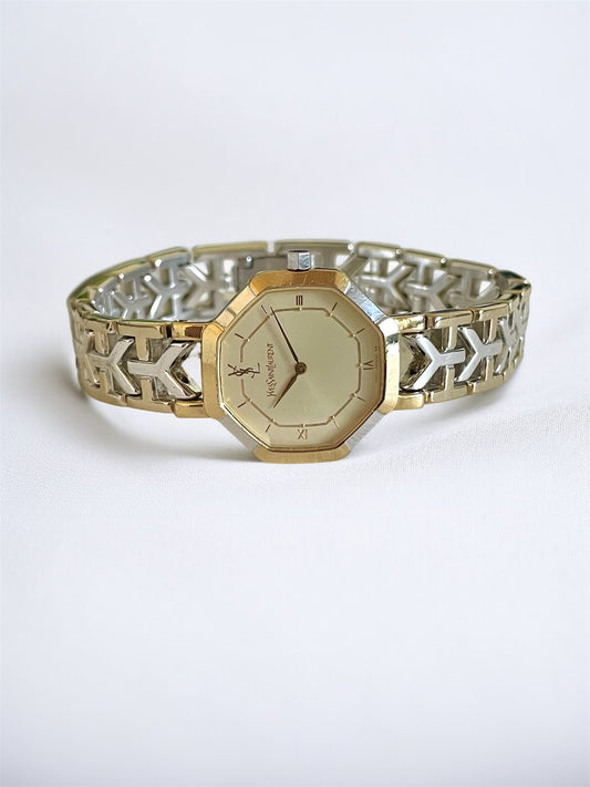 Vintage YSL Octagon Quartz Watch | Two-Tone Stainless Steel, Gold & Silver