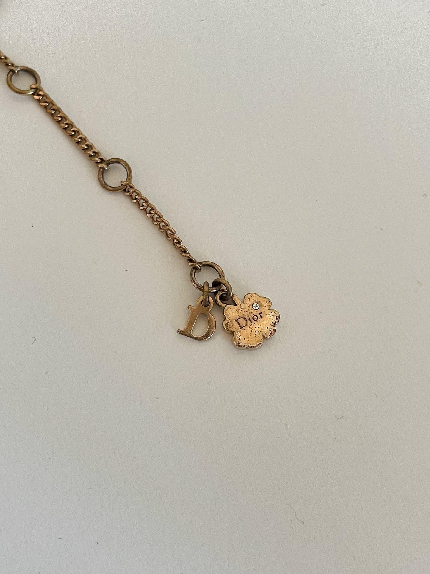 Vintage Dior Gold Necklace – D Initial Charm with Rhinestone Heart Pendant
