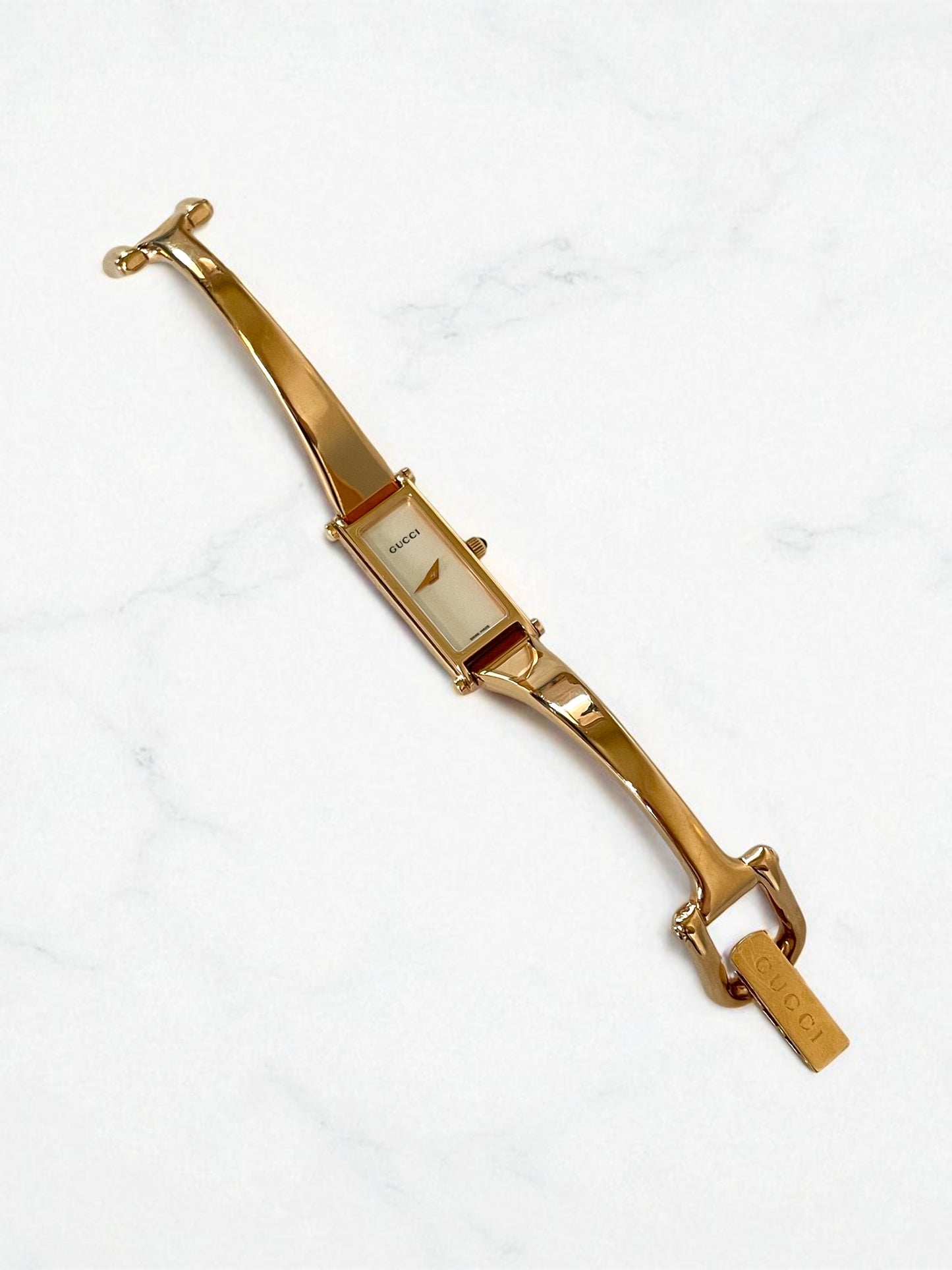 Vintage Gucci Watch – Pink Gold Bangle, Mother of Pearl Dial, Model 1500L