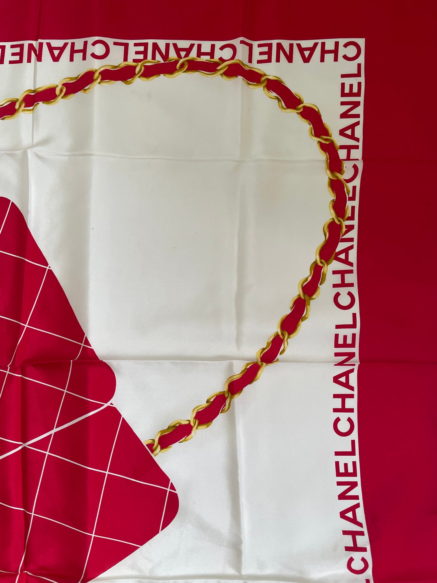 Chanel Vintage Silk Scarf – Red with Flap Bag Print & Matelasse Quilted Design