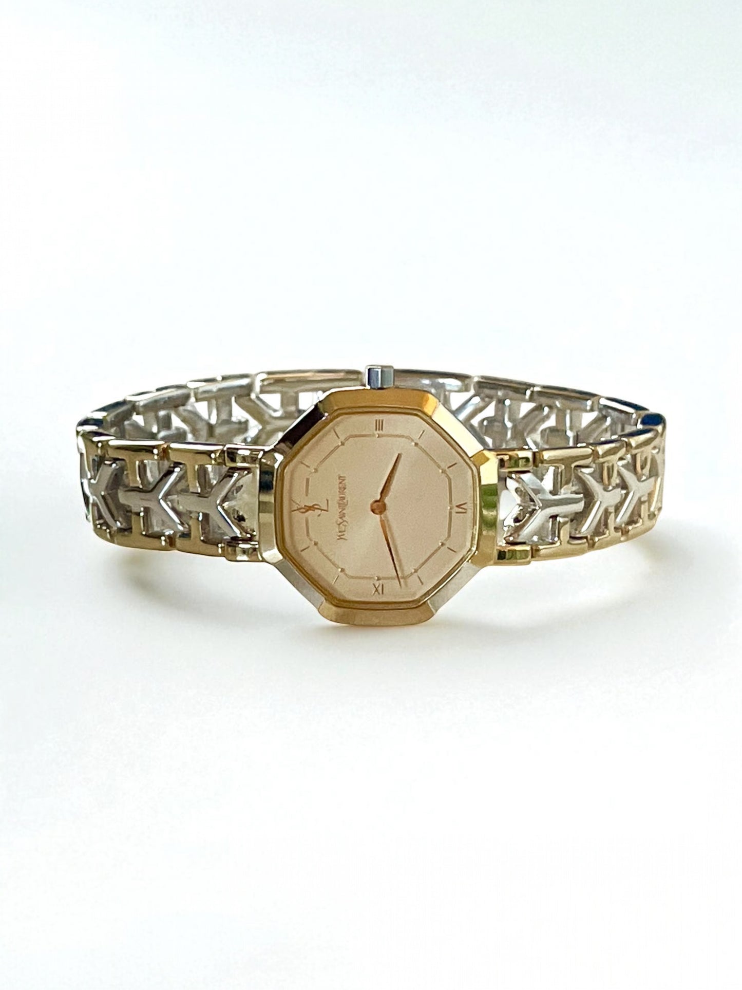 Vintage YSL Octagon Quartz Watch | Two-Tone Stainless Steel, Gold & Silver