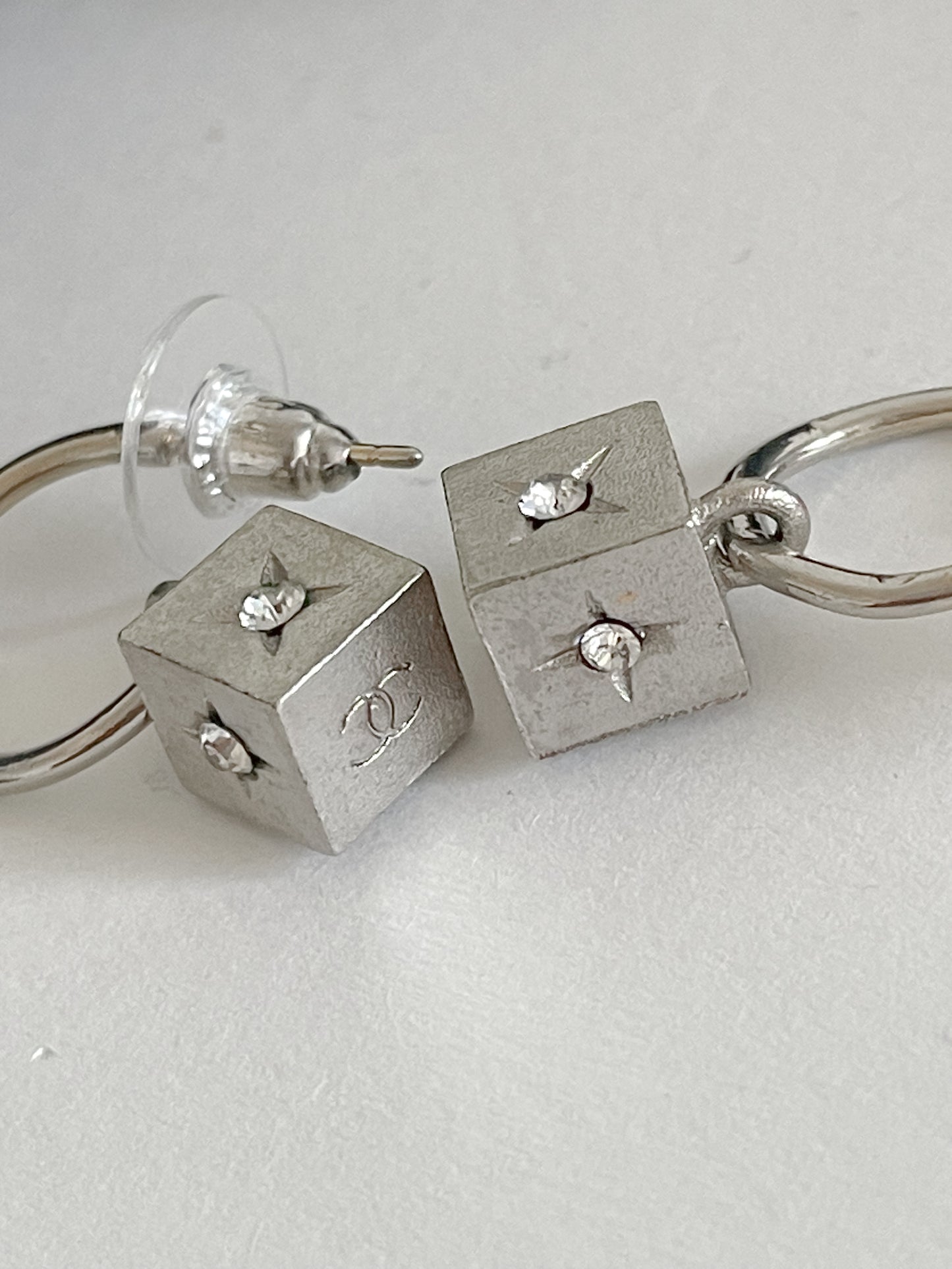 Vintage Chanel Silver Earrings – Cube Design with Rhinestone CC Logo