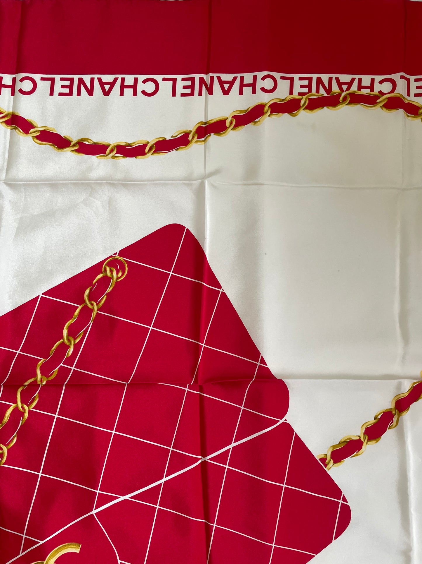 Chanel Vintage Silk Scarf – Red with Flap Bag Print & Matelasse Quilted Design
