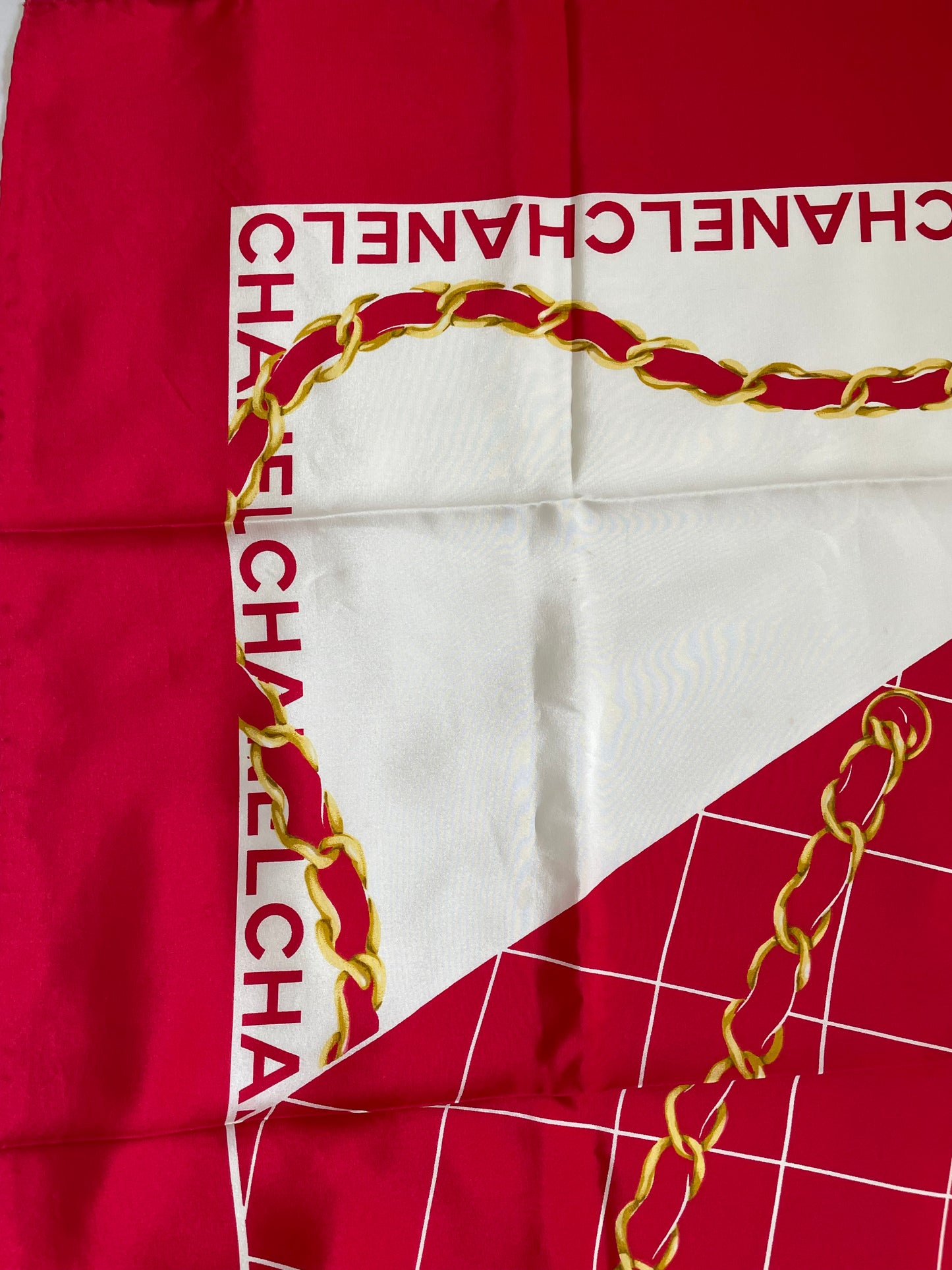 Chanel Vintage Silk Scarf – Red with Flap Bag Print & Matelasse Quilted Design