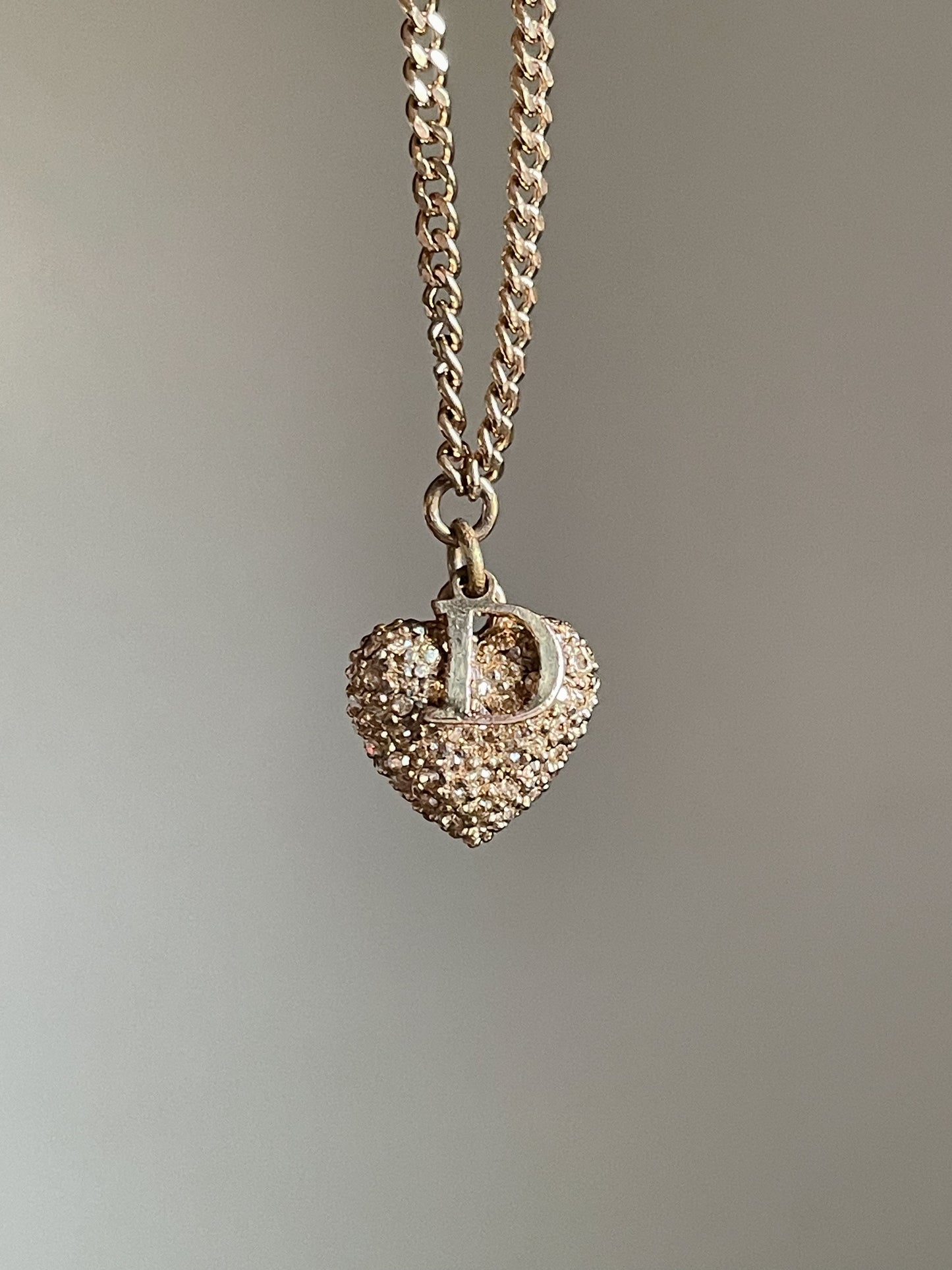 Vintage Dior Gold Necklace – D Initial Charm with Rhinestone Heart Pendant