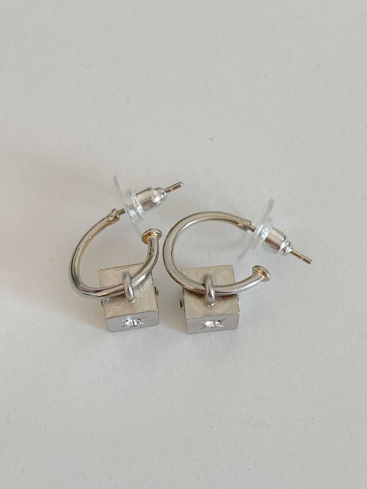 Vintage Chanel Silver Earrings – Cube Design with Rhinestone CC Logo