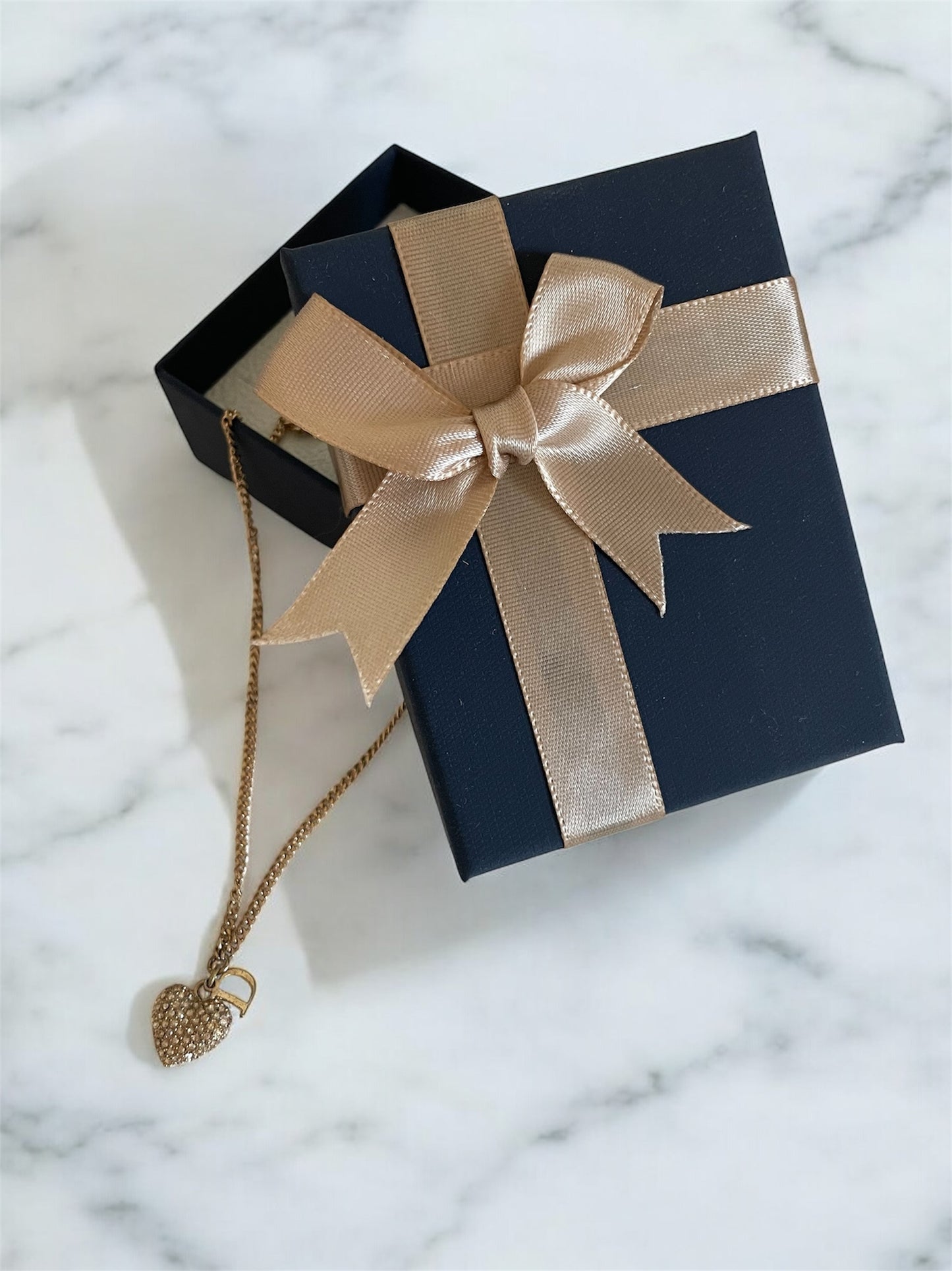 Vintage Dior Gold Necklace – D Initial Charm with Rhinestone Heart Pendant