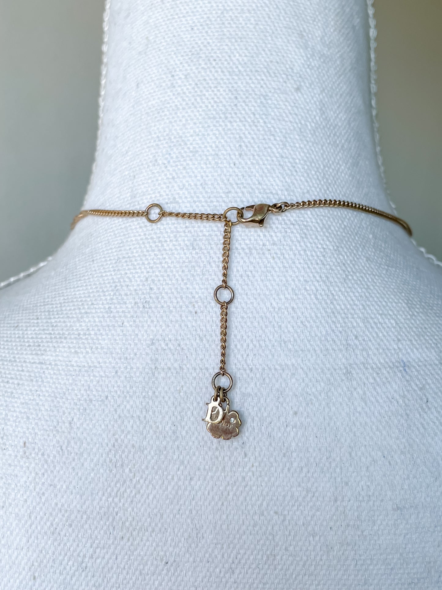 Vintage Dior Gold Necklace – D Initial Charm with Rhinestone Heart Pendant