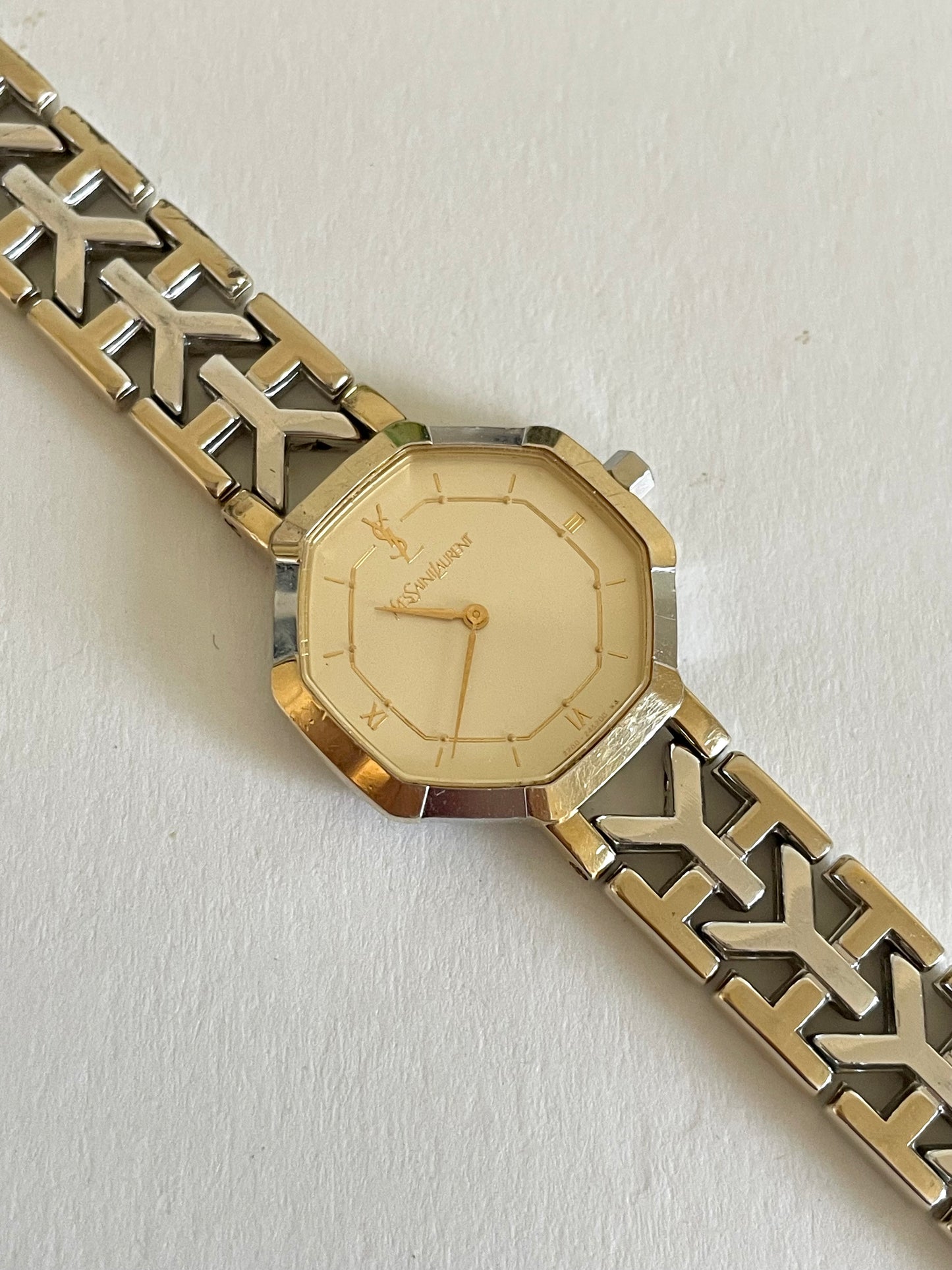 Vintage YSL Octagon Quartz Watch | Two-Tone Stainless Steel, Gold & Silver
