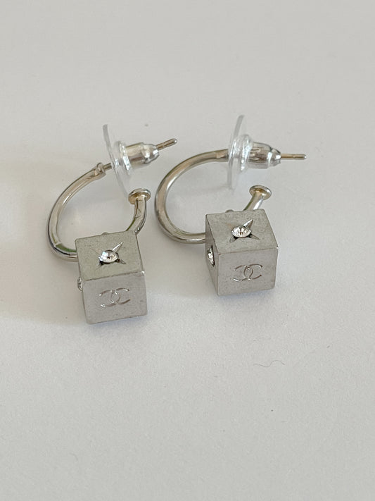Vintage Chanel Silver Earrings – Cube Design with Rhinestone CC Logo