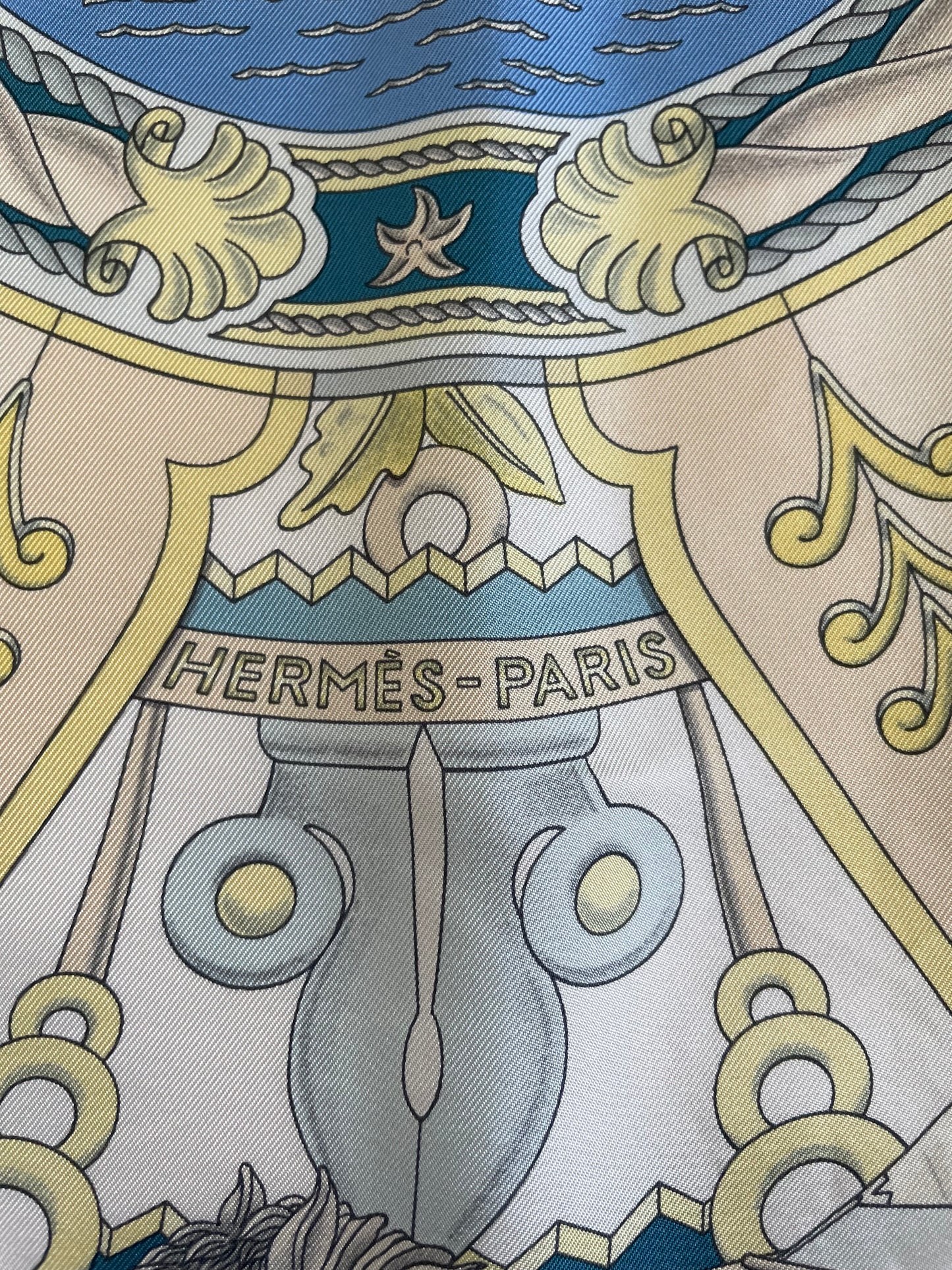 Hermès Carre 90 Silk Scarf – L’Air Marin by J. Metz, Blue Sea Shell Horse Ship Design