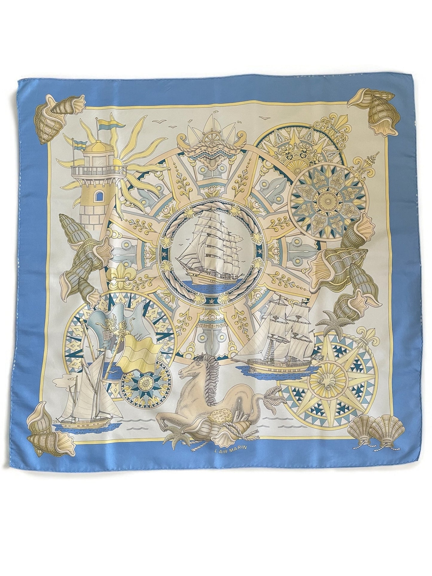 Hermès Carre 90 Silk Scarf – L’Air Marin by J. Metz, Blue Sea Shell Horse Ship Design