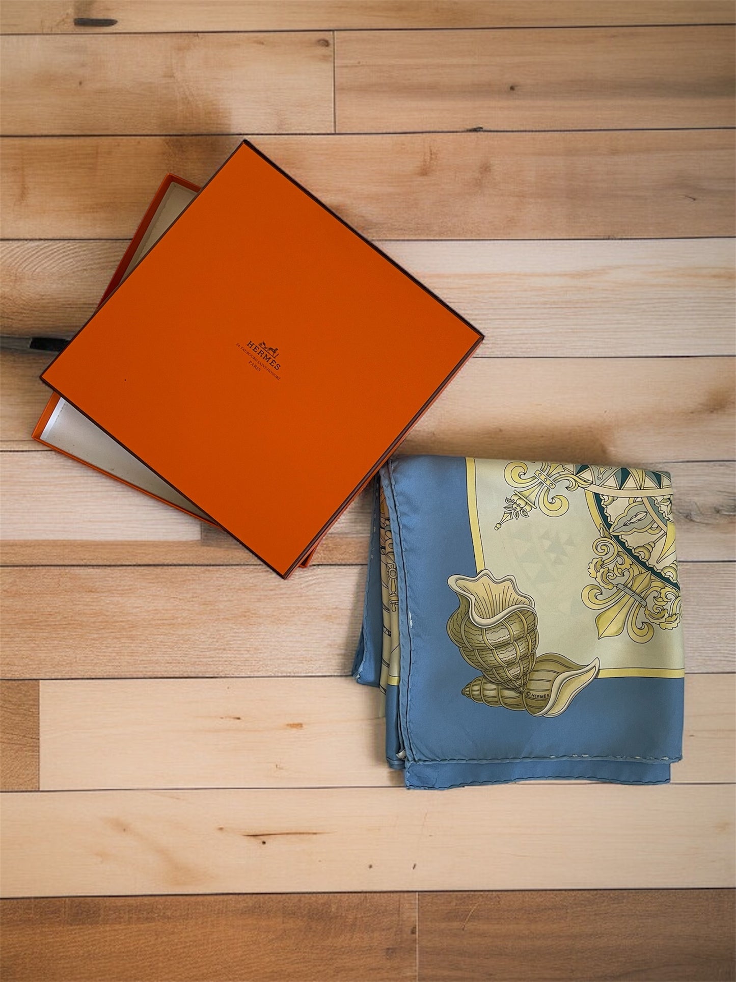 Hermès Carre 90 Silk Scarf – L’Air Marin by J. Metz, Blue Sea Shell Horse Ship Design