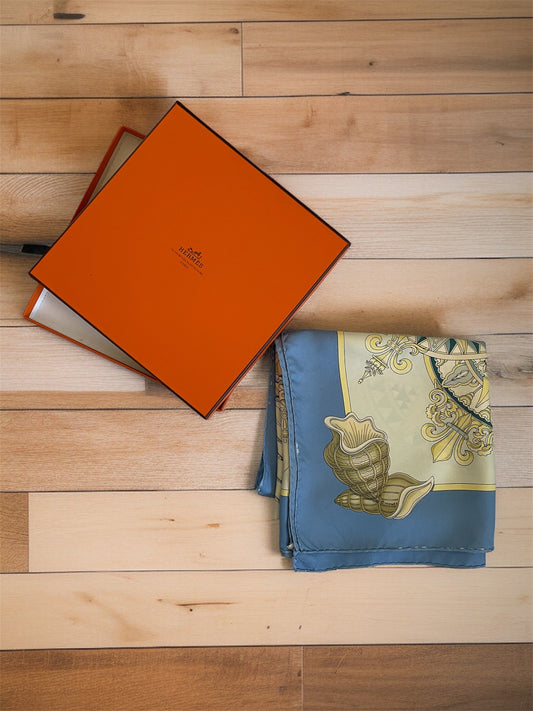 Hermès Carre 90 Silk Scarf – L’Air Marin by J. Metz, Blue Sea Shell Horse Ship Design