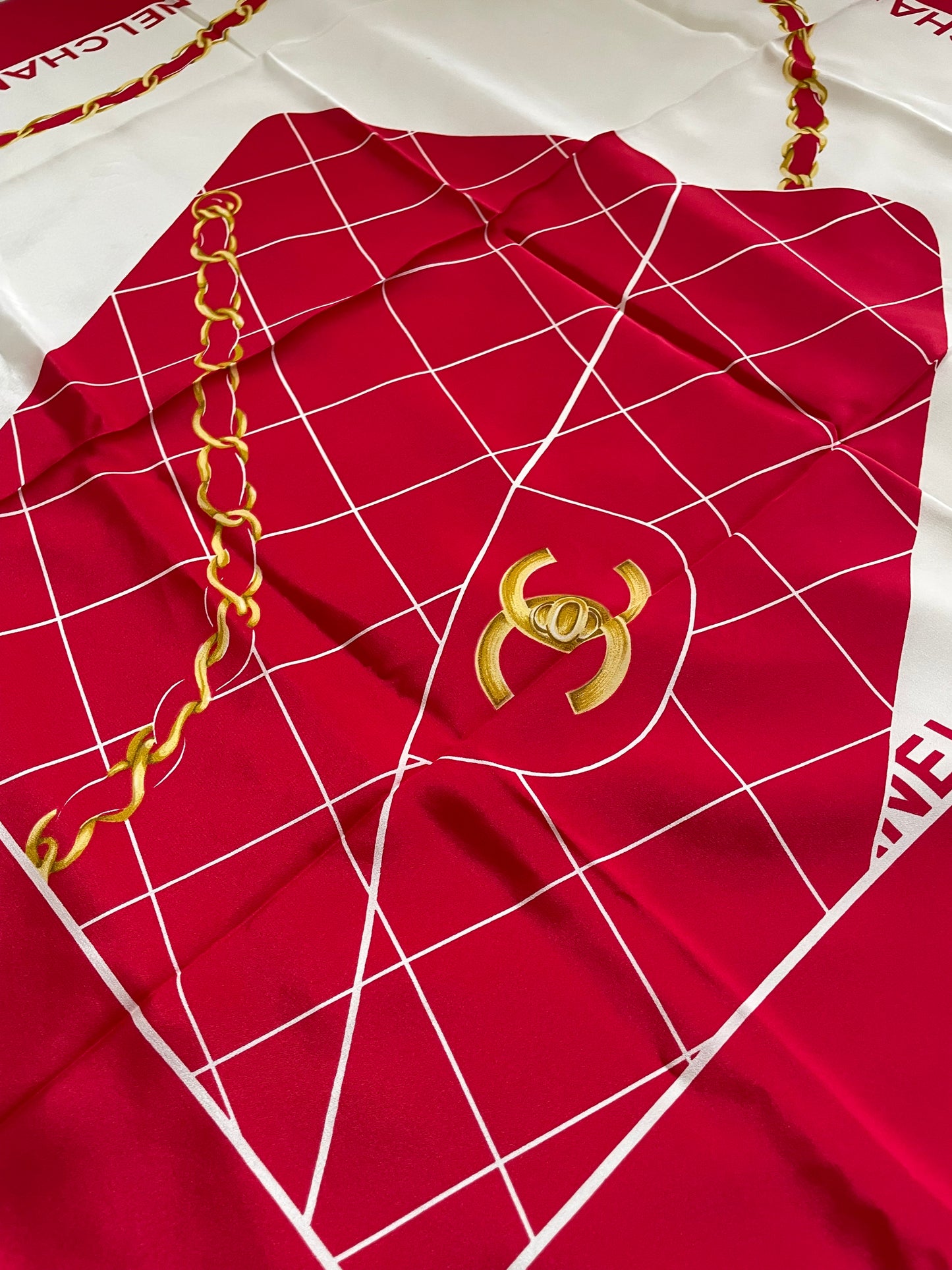 Chanel Vintage Silk Scarf – Red with Flap Bag Print & Matelasse Quilted Design