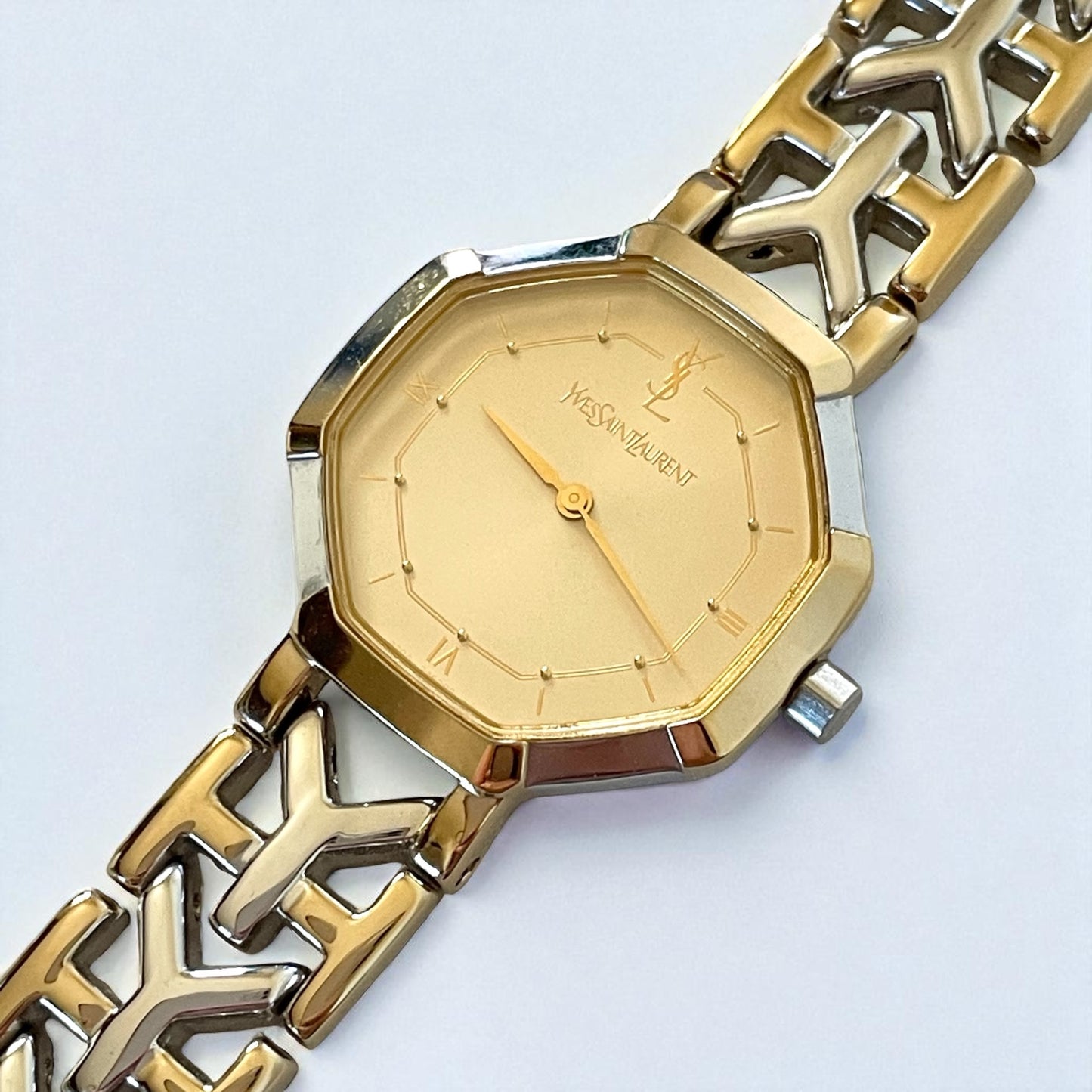 Vintage YSL Octagon Quartz Watch | Two-Tone Stainless Steel, Gold & Silver