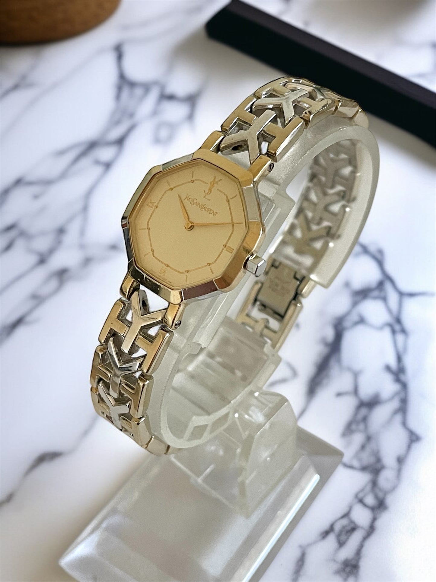 Vintage YSL Octagon Quartz Watch | Two-Tone Stainless Steel, Gold & Silver
