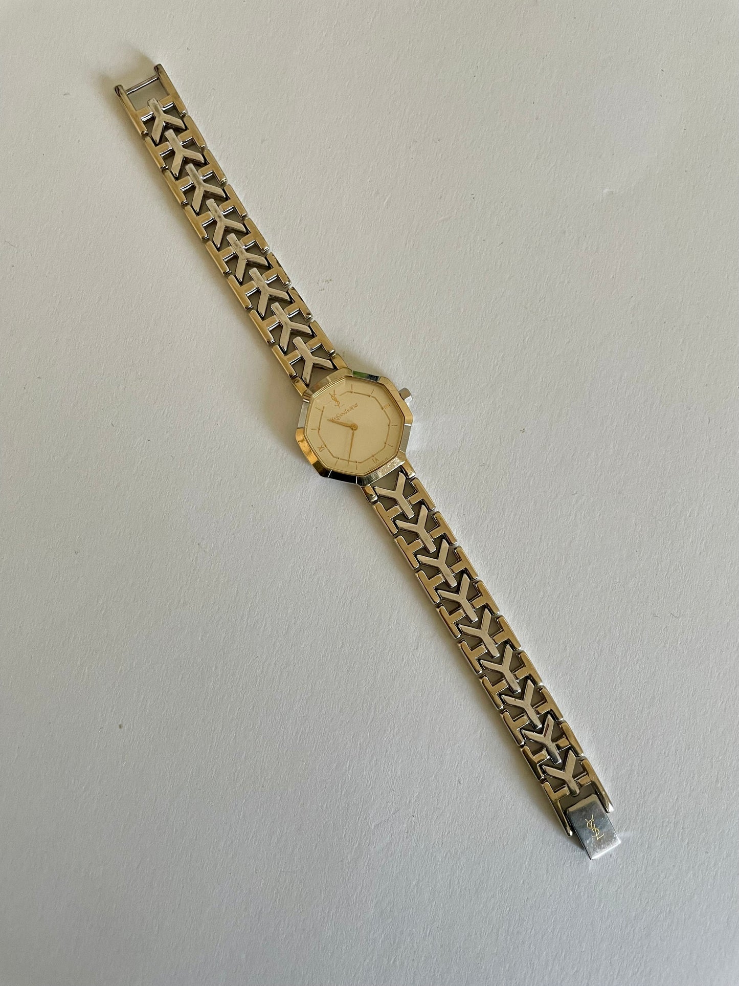 Vintage YSL Octagon Quartz Watch | Two-Tone Stainless Steel, Gold & Silver