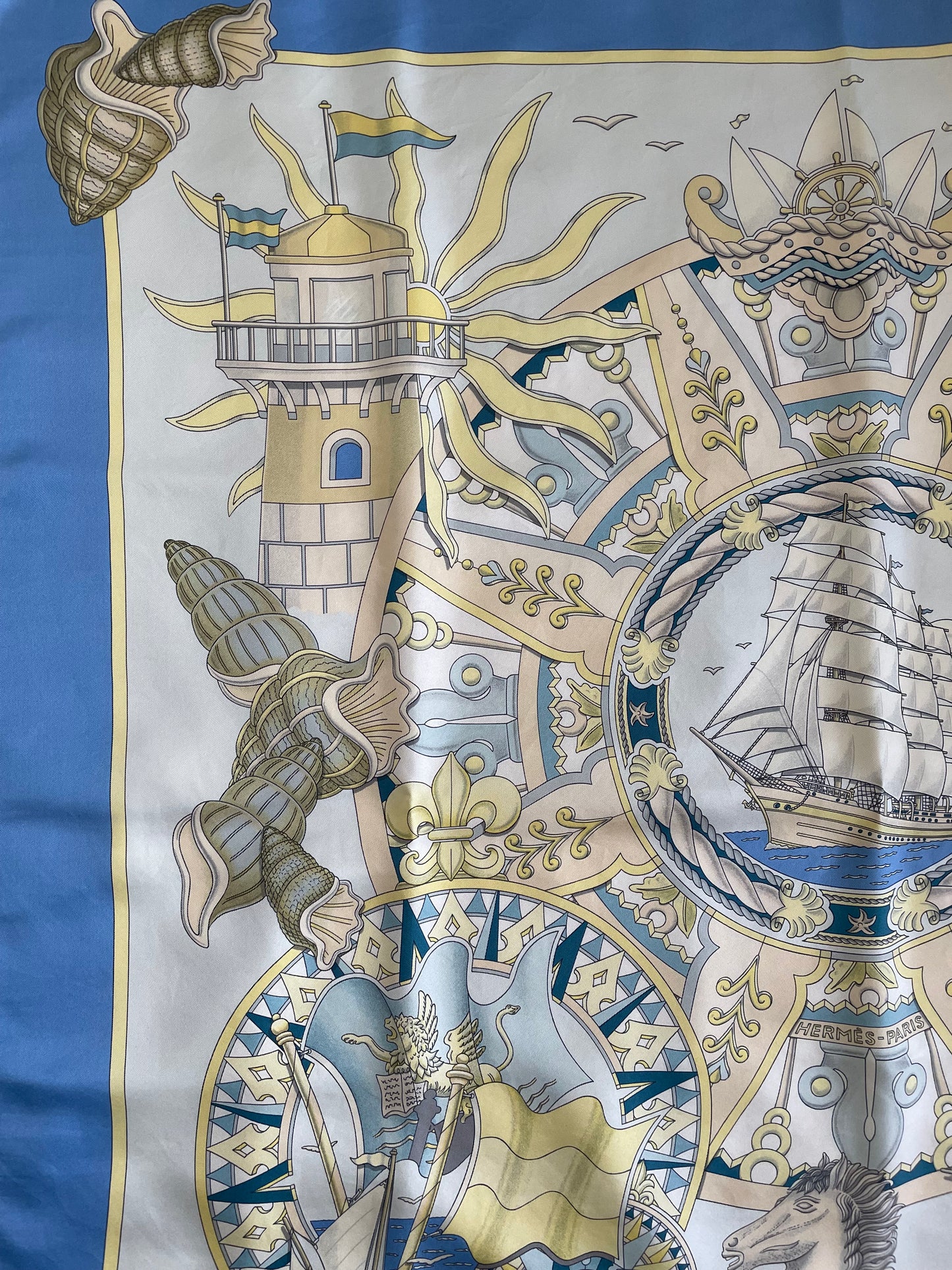 Hermès Carre 90 Silk Scarf – L’Air Marin by J. Metz, Blue Sea Shell Horse Ship Design