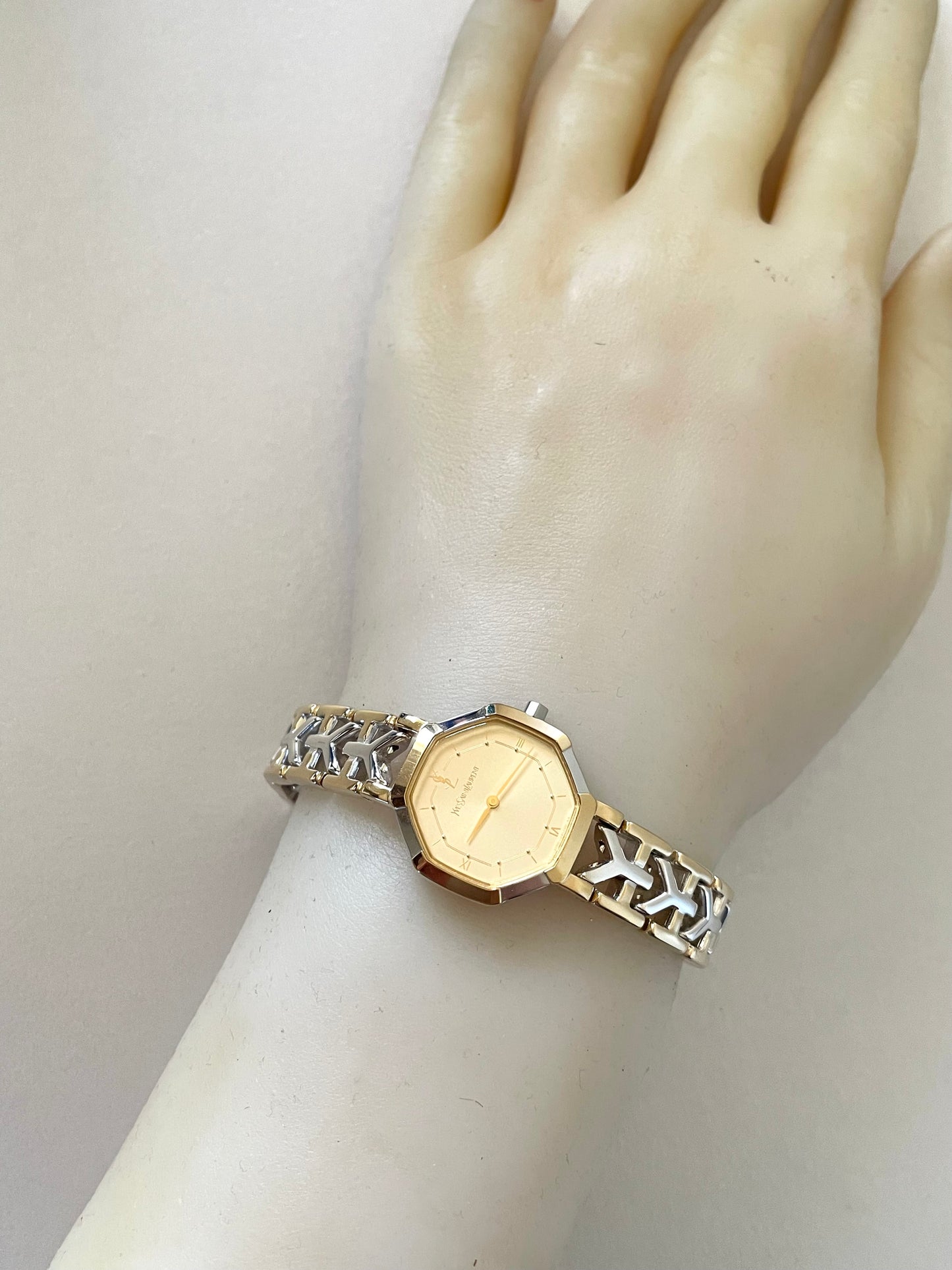 Vintage YSL Octagon Quartz Watch | Two-Tone Stainless Steel, Gold & Silver
