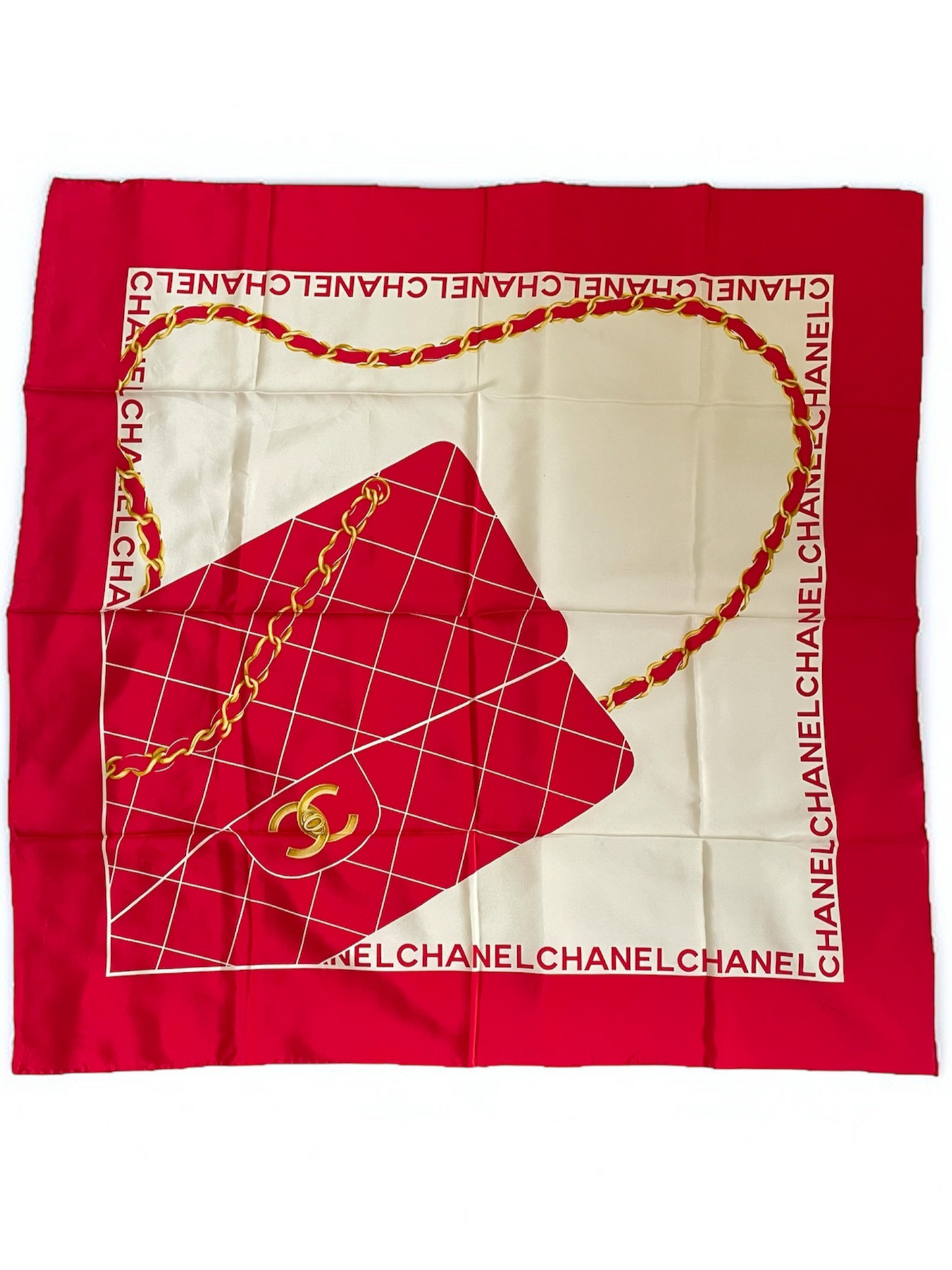 Chanel Vintage Silk Scarf – Red with Flap Bag Print & Matelasse Quilted Design