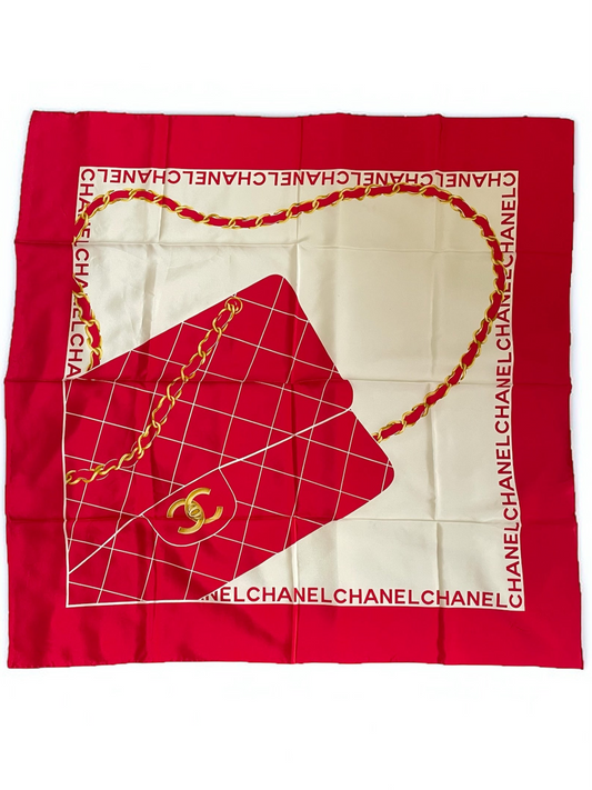 Chanel Vintage Silk Scarf – Red with Flap Bag Print & Matelasse Quilted Design