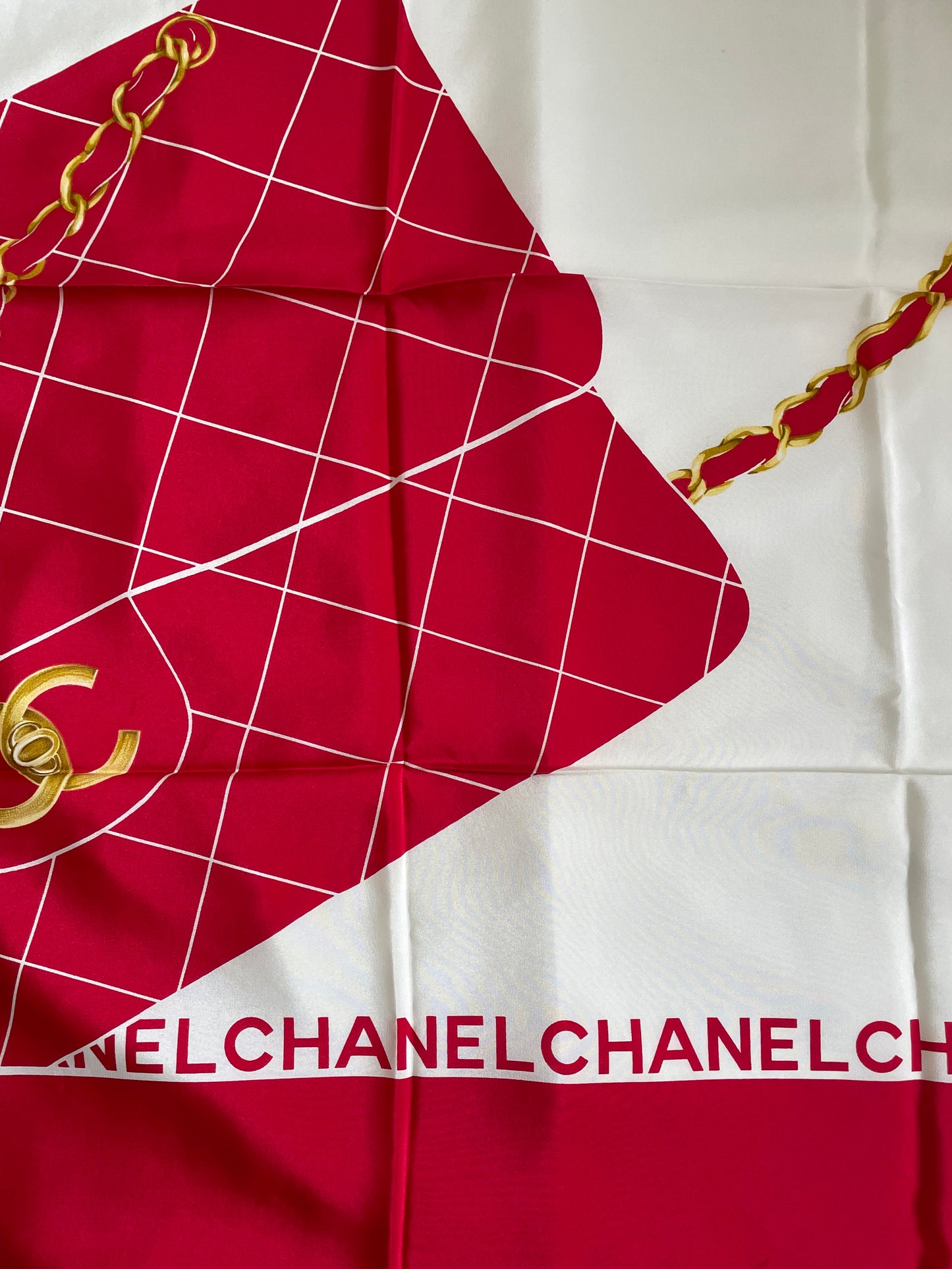 Chanel Vintage Silk Scarf – Red with Flap Bag Print & Matelasse Quilted Design