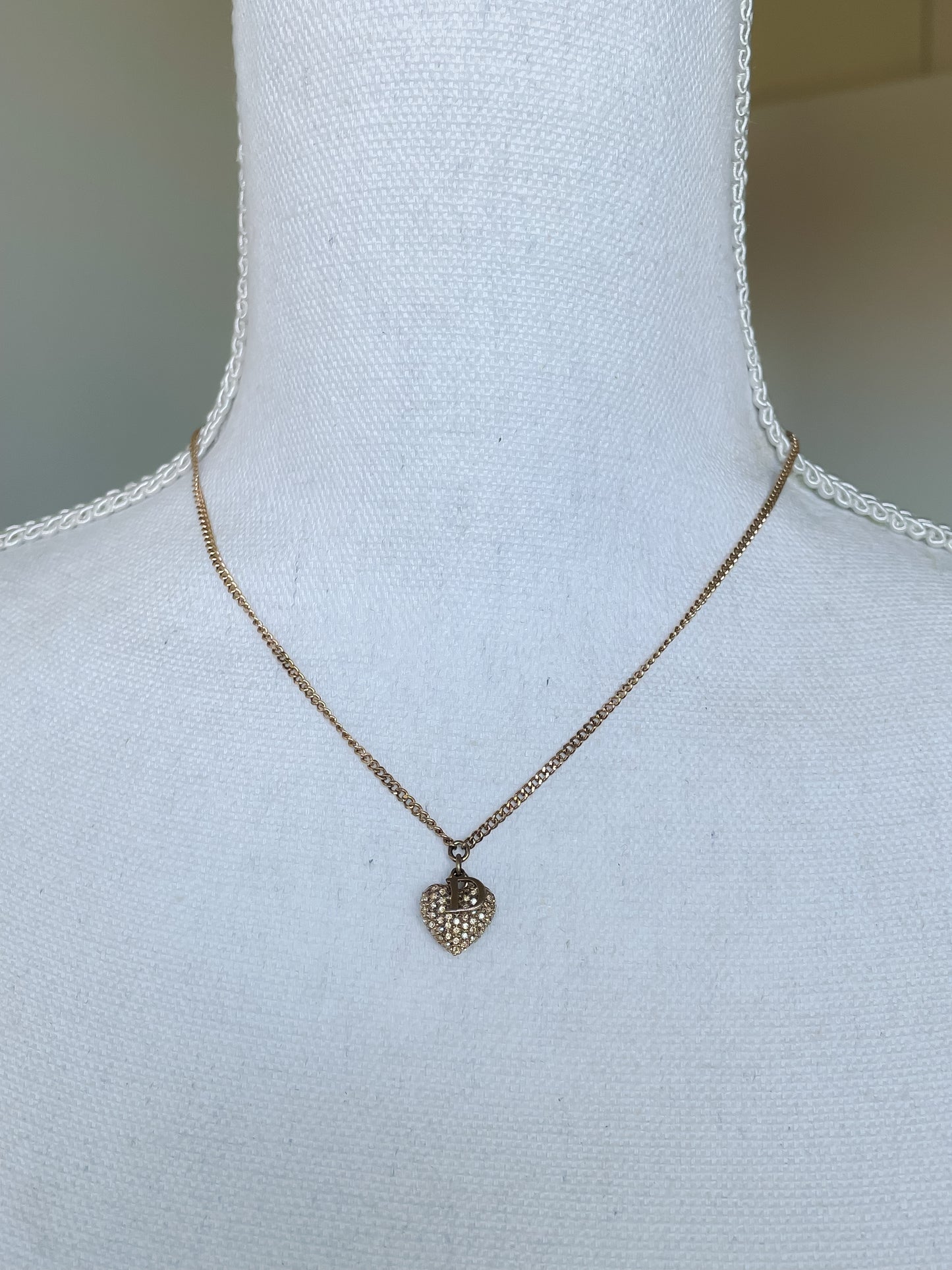 Vintage Dior Gold Necklace – D Initial Charm with Rhinestone Heart Pendant