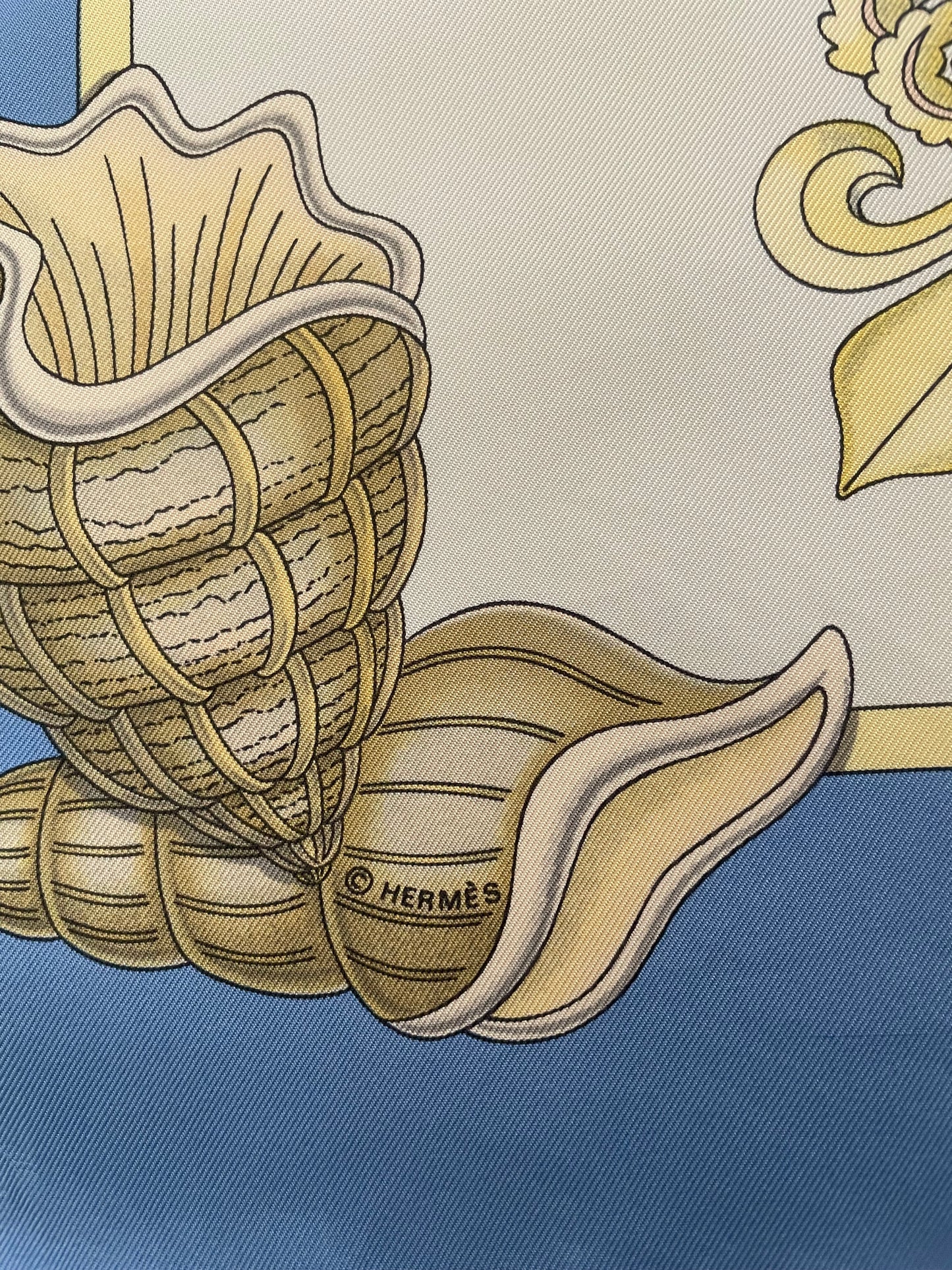 Hermès Carre 90 Silk Scarf – L’Air Marin by J. Metz, Blue Sea Shell Horse Ship Design