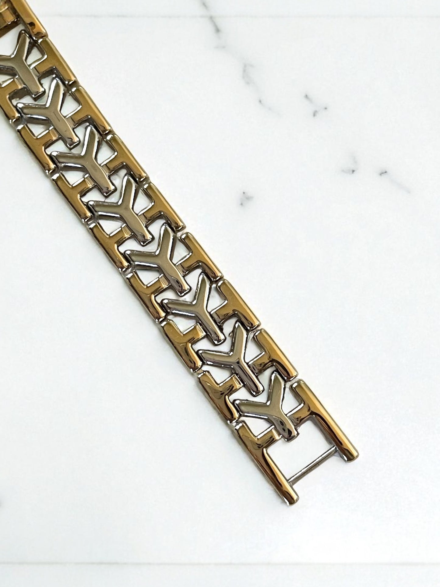 Vintage YSL Octagon Quartz Watch | Two-Tone Stainless Steel, Gold & Silver