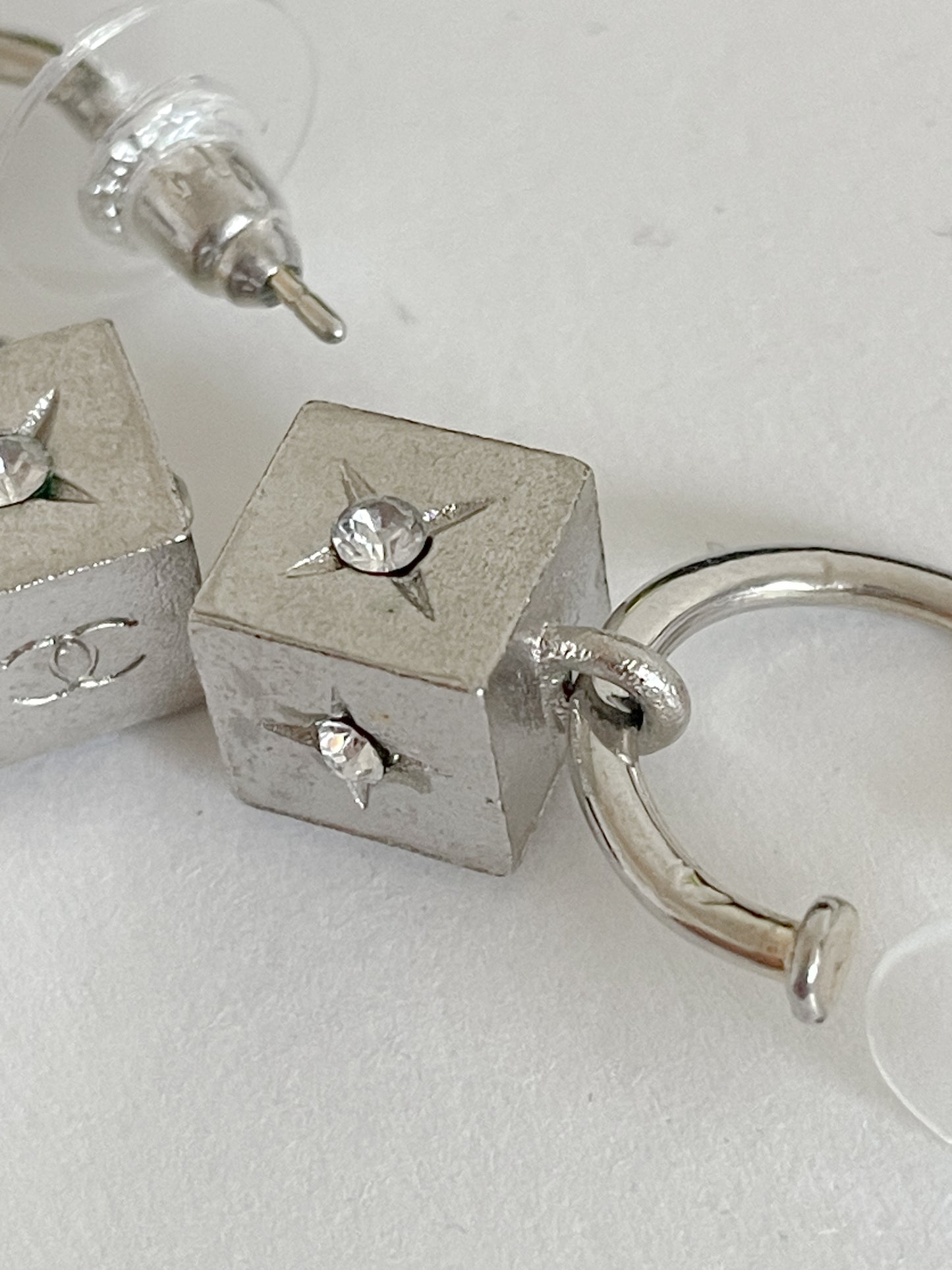 Vintage Chanel Silver Earrings – Cube Design with Rhinestone CC Logo