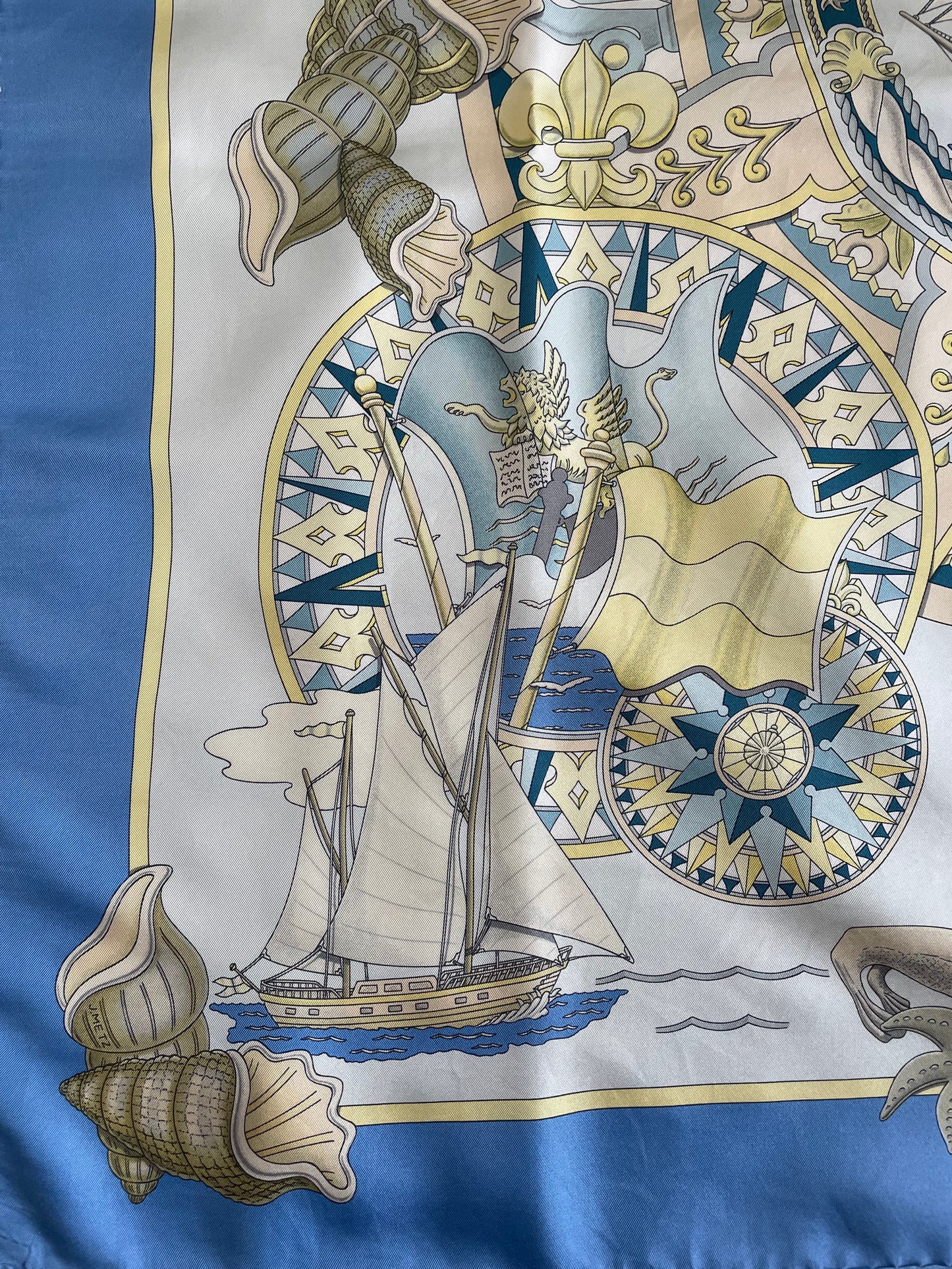 Hermès Carre 90 Silk Scarf – L’Air Marin by J. Metz, Blue Sea Shell Horse Ship Design