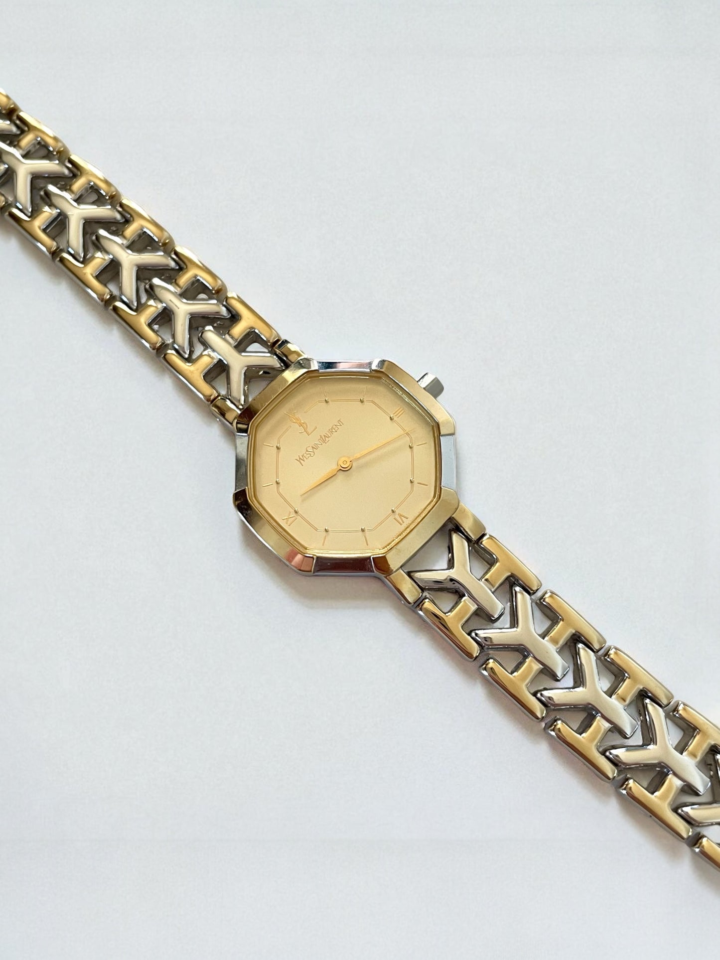 Vintage YSL Octagon Quartz Watch | Two-Tone Stainless Steel, Gold & Silver