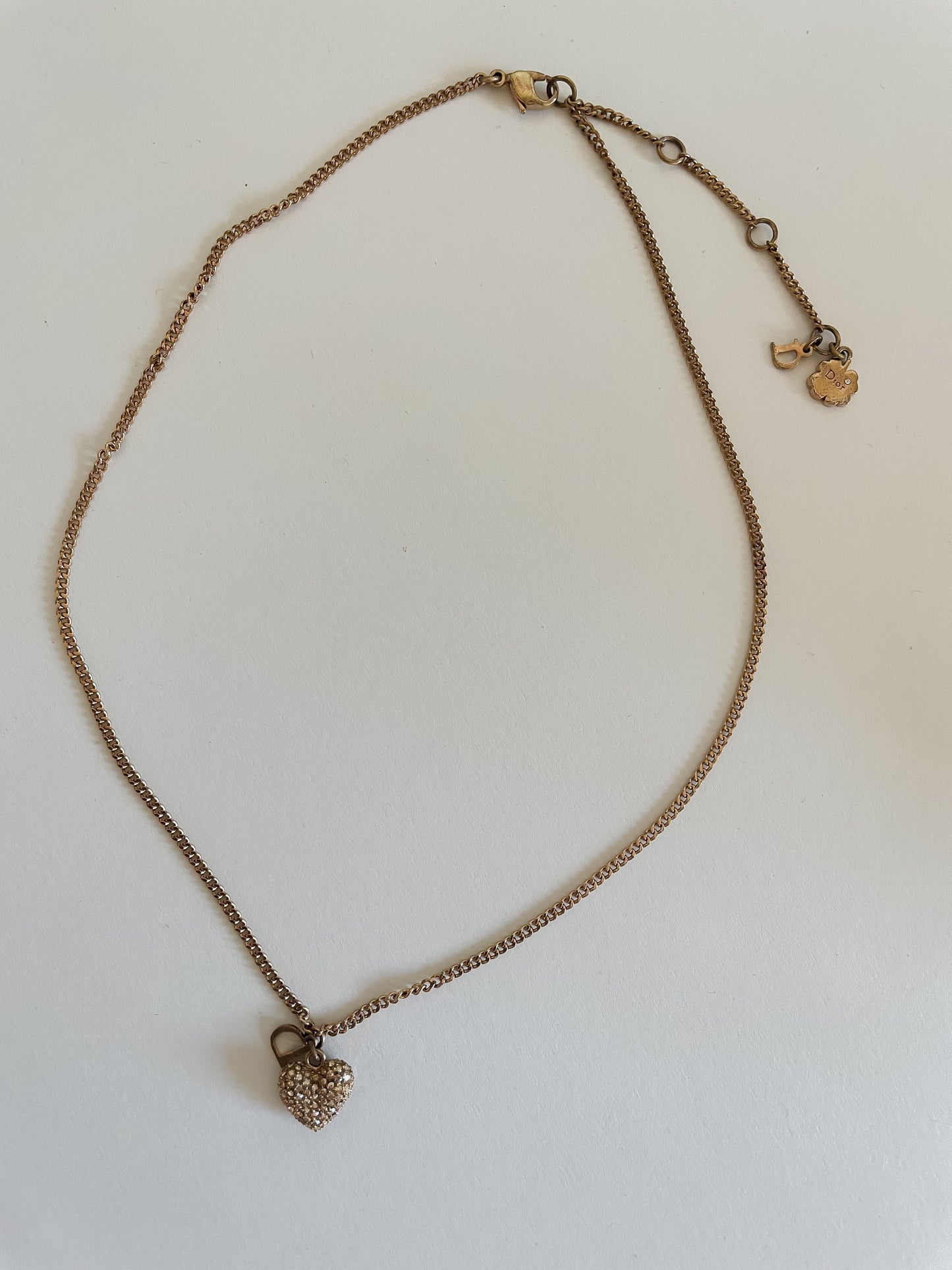 Vintage Dior Gold Necklace – D Initial Charm with Rhinestone Heart Pendant