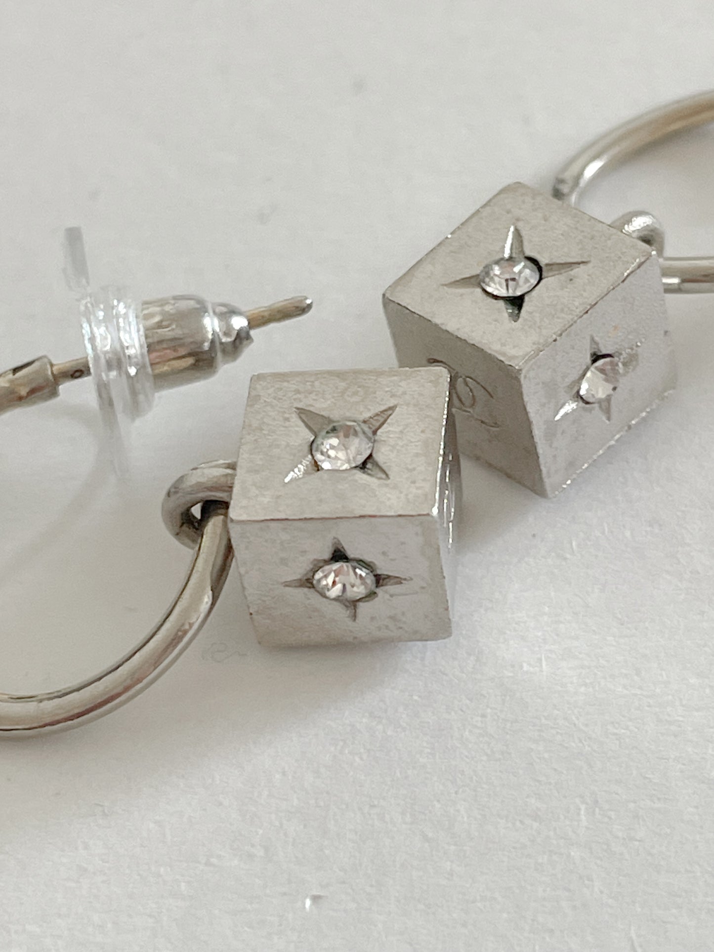Vintage Chanel Silver Earrings – Cube Design with Rhinestone CC Logo