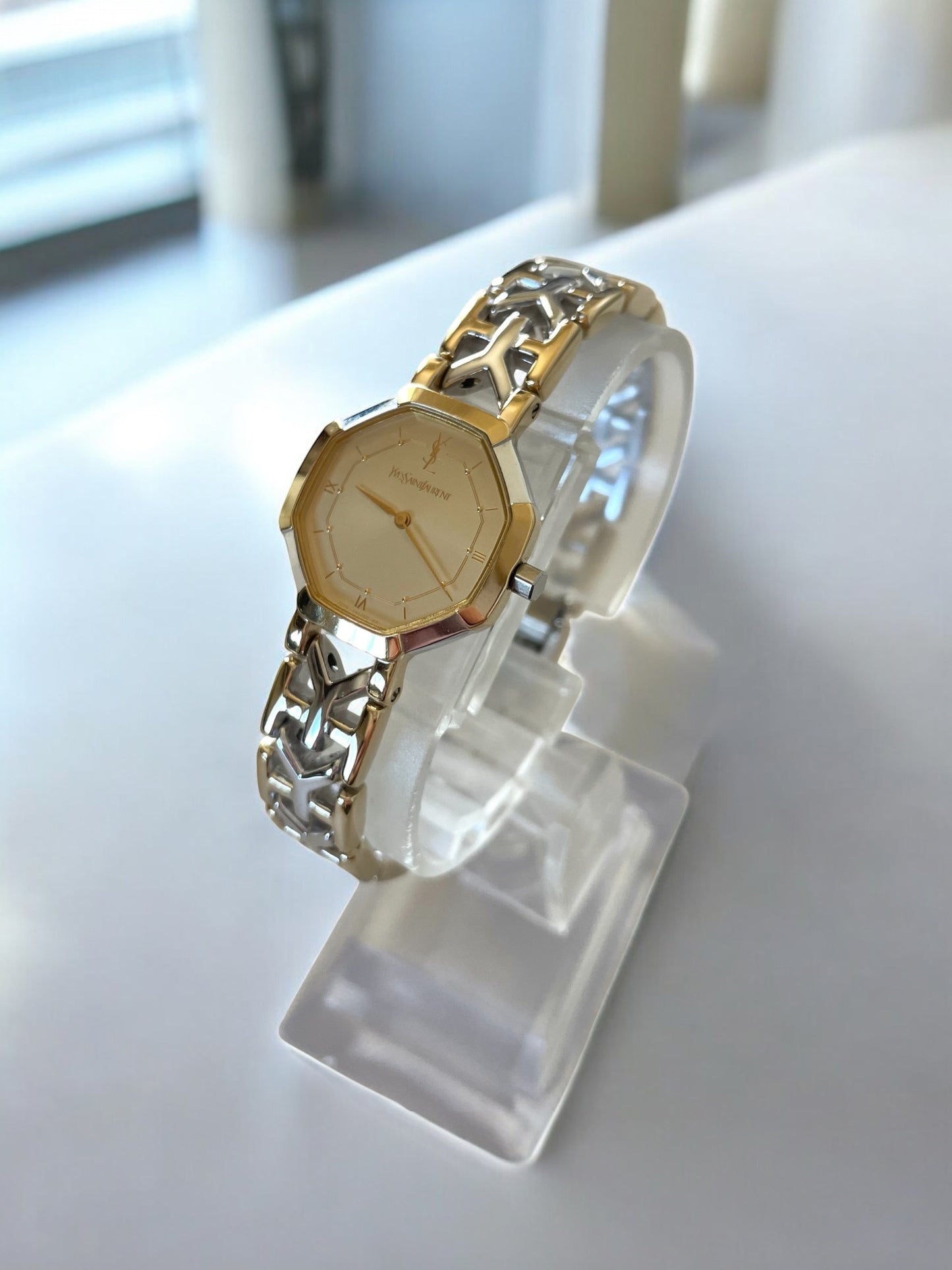 Vintage YSL Octagon Quartz Watch | Two-Tone Stainless Steel, Gold & Silver